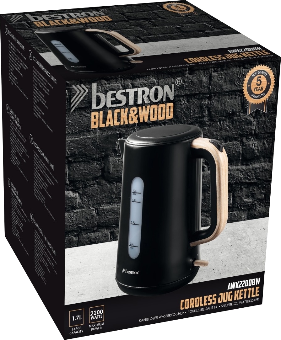 BESTRON Wasserkocher Black & Wood, AWK2200BW, 1,7 L, 2200 W, schwarz