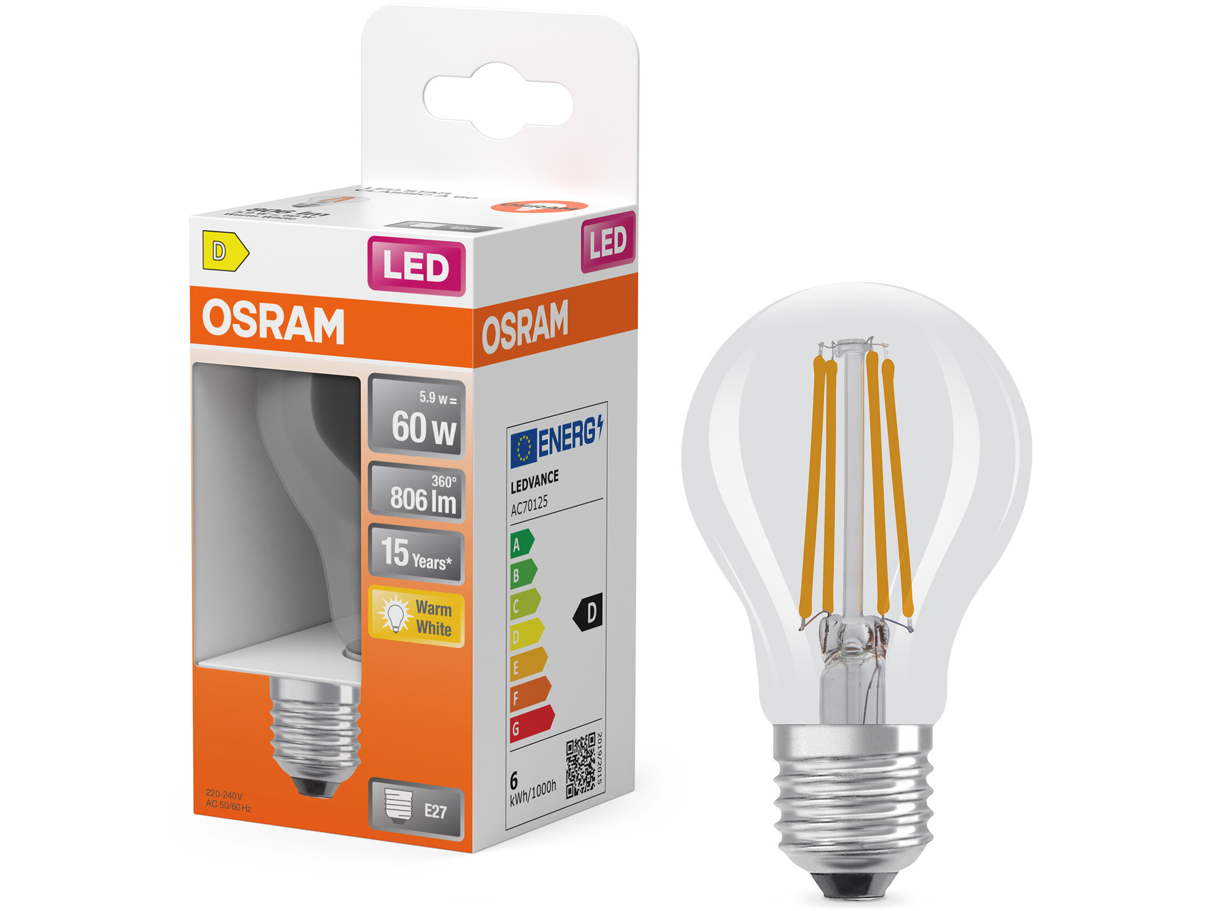 OSRAM LED-Lampe Retrofit, 5,9 W, E27, 2700 K, EEK: D, 806 lm, IP20, warmweiß
