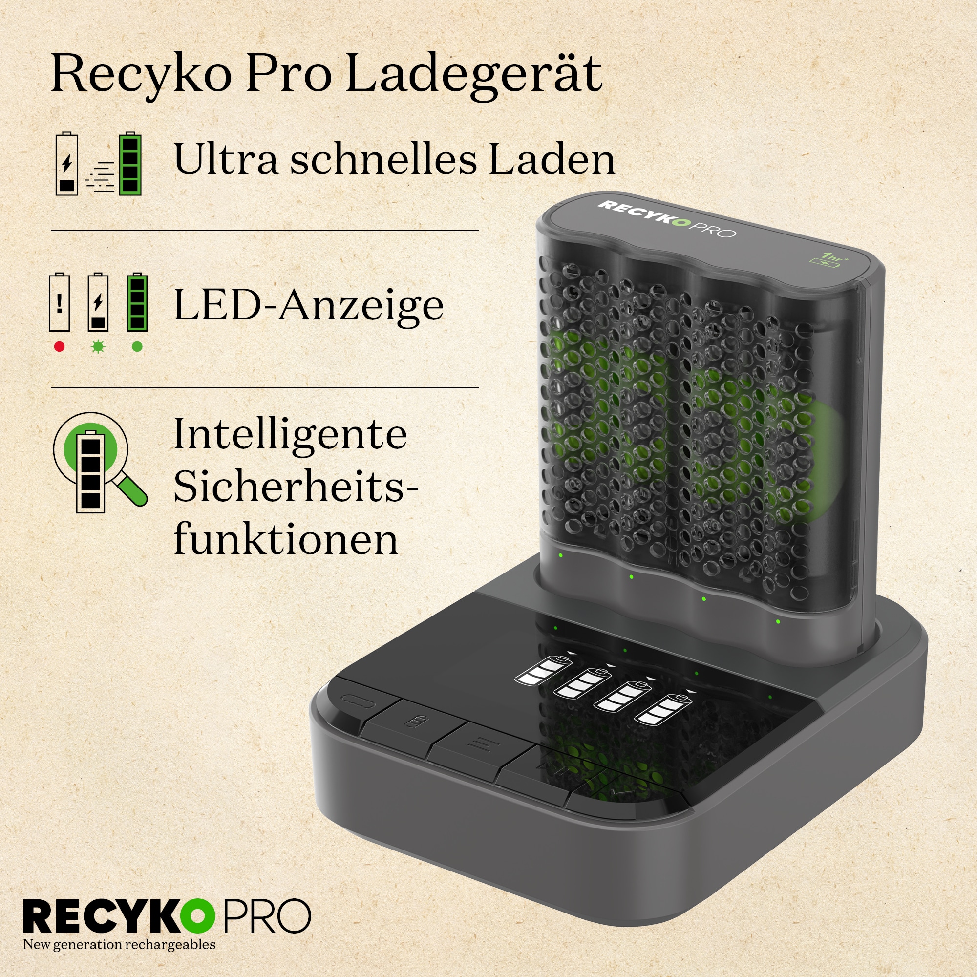 RECYKO PRO, MRO „Akku Management Display“, Display, Ladekabel, 2x Ladegerät, 40x Akkus