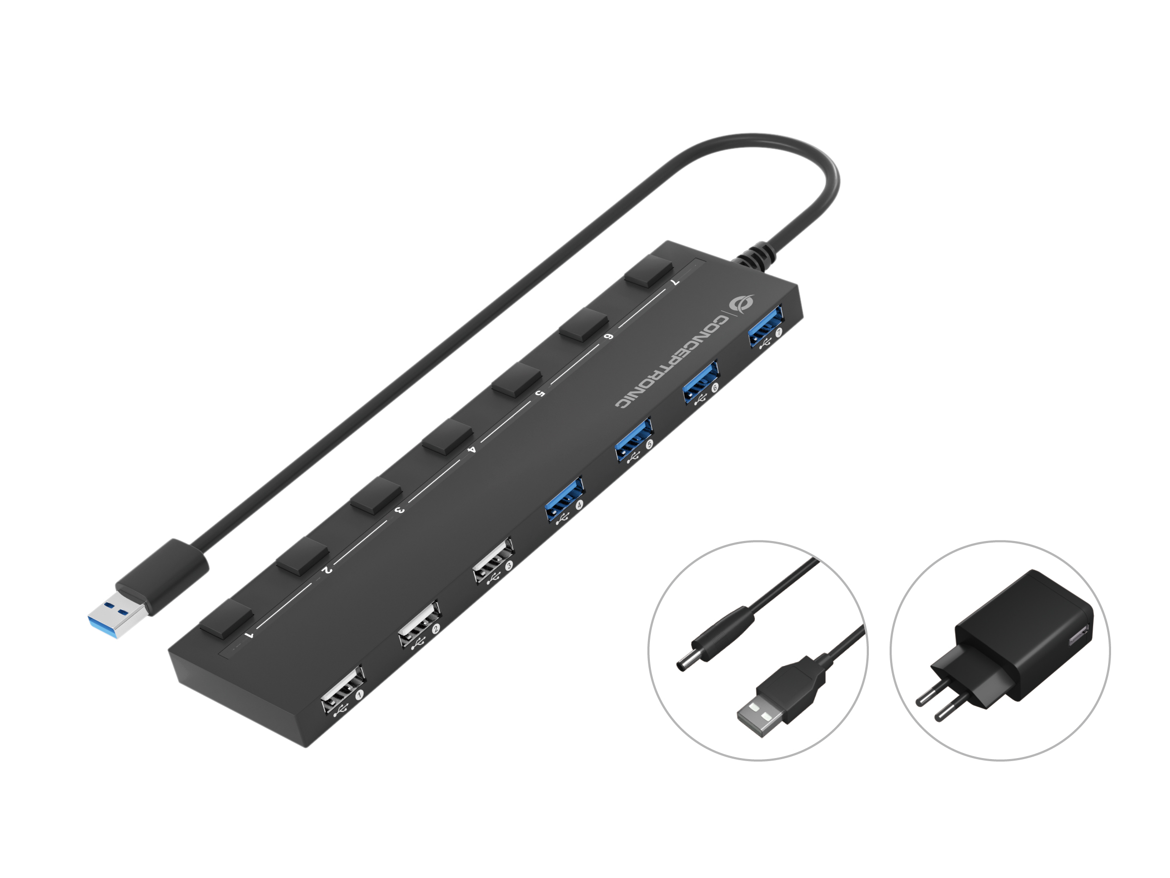 CONCEPTRONIC USB-Hub 7-Port 3.0 zu 4 x 3.0, 3 x 2.0, schwarz