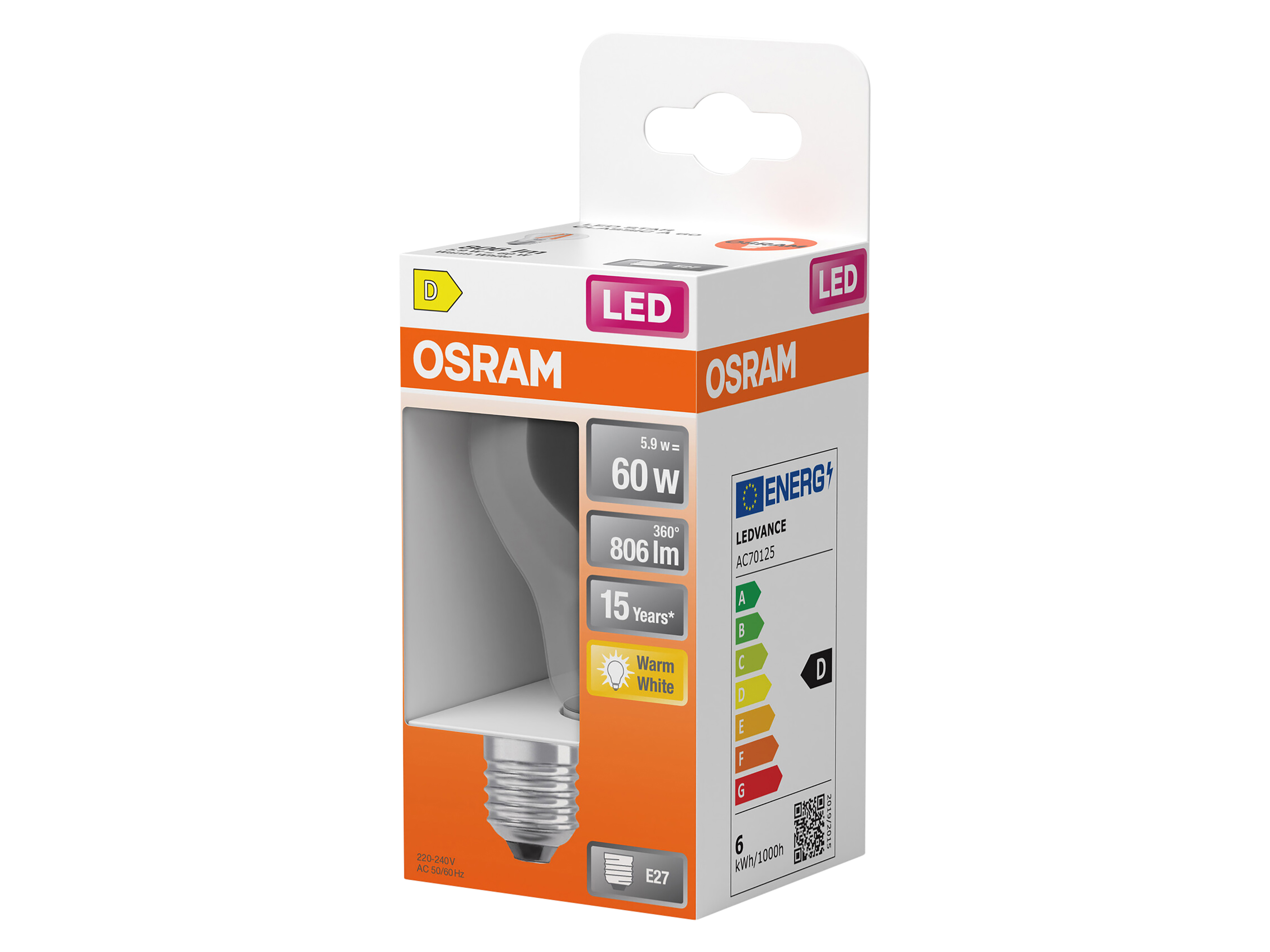 OSRAM LED-Lampe Retrofit, 5,9 W, E27, 2700 K, EEK: D, 806 lm, IP20, warmweiß