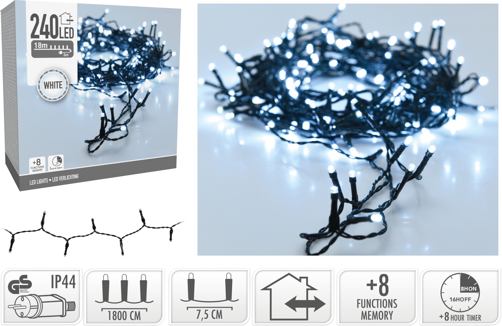 LED-Lichterkette kaltweiß, 240 LEDs, Grünes Kabel, Innen/Außen, 21m KOOPMAN LED-Lichterkette kaltweiß, 240 LEDs, Grünes Kabel, Innen/Außen, 21m