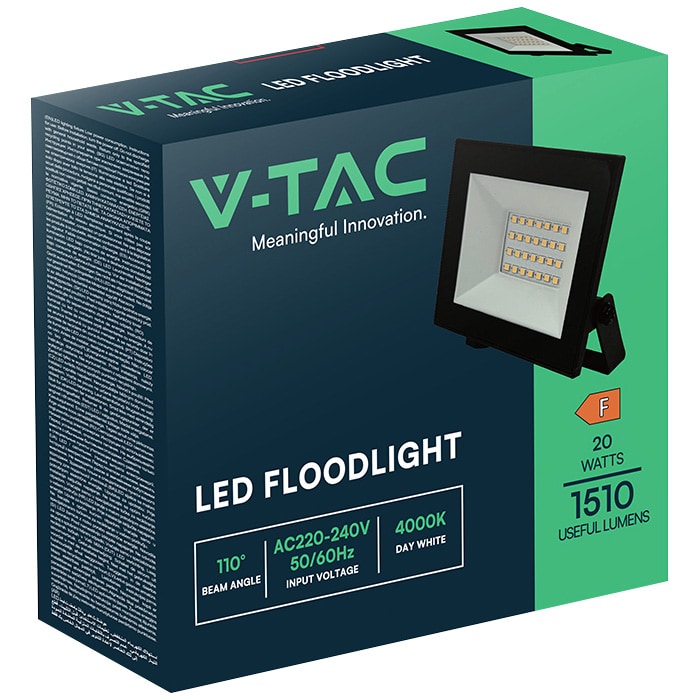 V-TAC LED-Fluter, VT-44022, 20 W, 6500K, EEK: F, 1510 lm, kaltweiß, IP65, schwarz V-TAC LED-Fluter, VT-44022, 20 W, 6500K, EEK: F, 1510 lm, kaltweiß, IP65, schwarz