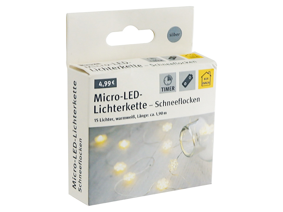Micro-LED-Lichterkette, Schneeflocken, 3V, 15 LEDs, Silberdraht, warmweiß, 1,90m