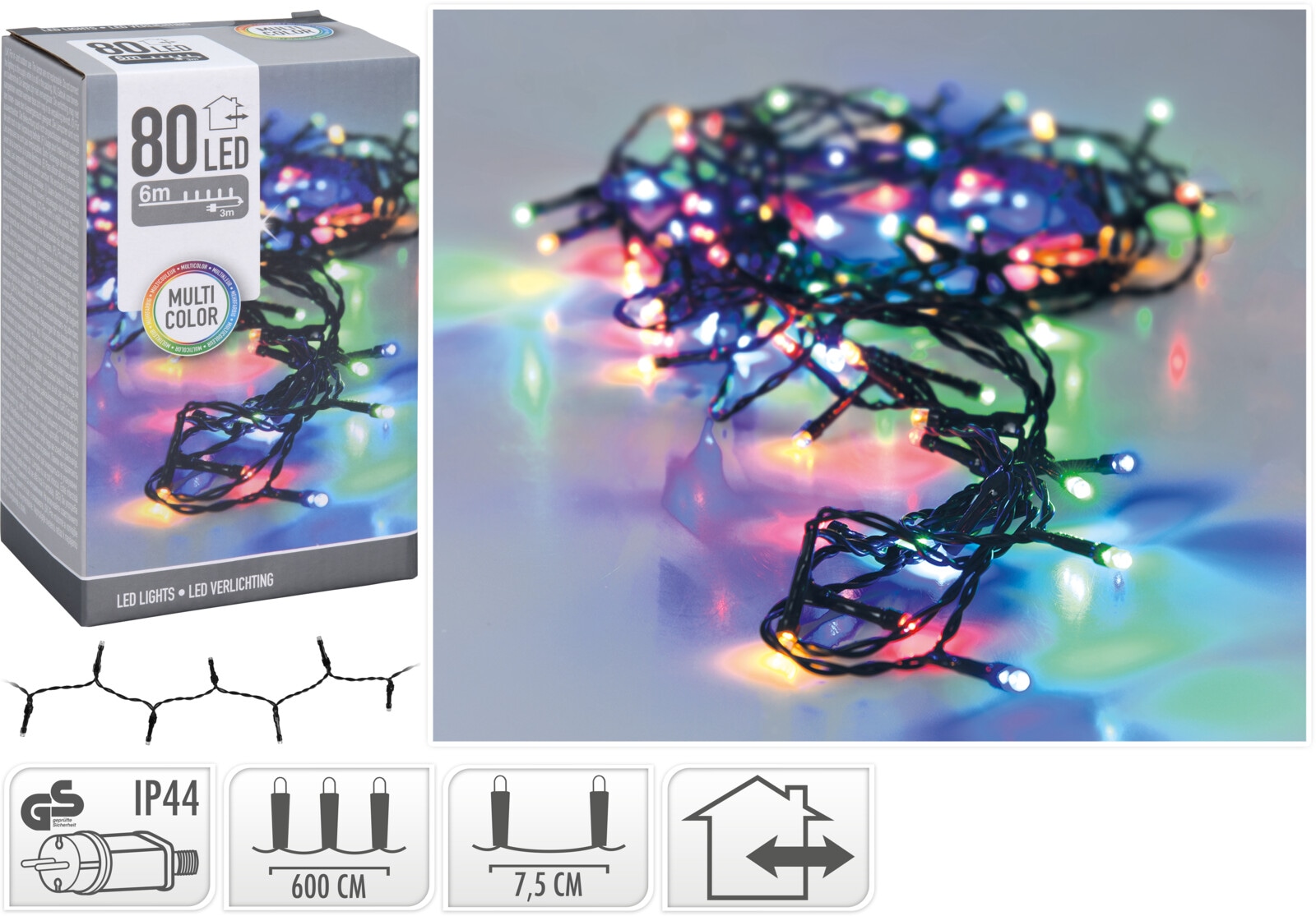 LED-Lichterkette, 80 LEDs, bunt, 230V~, IP44, Innen/Außen