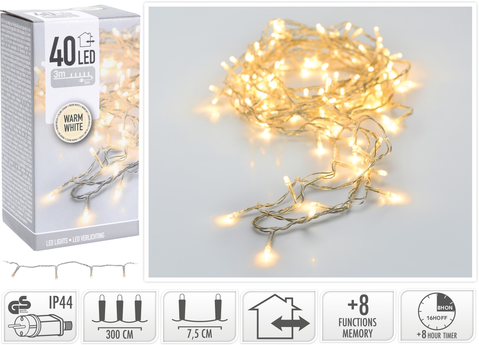 KOOPMAN LED-Lichterkette warmweiß, 40 LEDs, transparentes Kabel, Innen/Außen, 6m