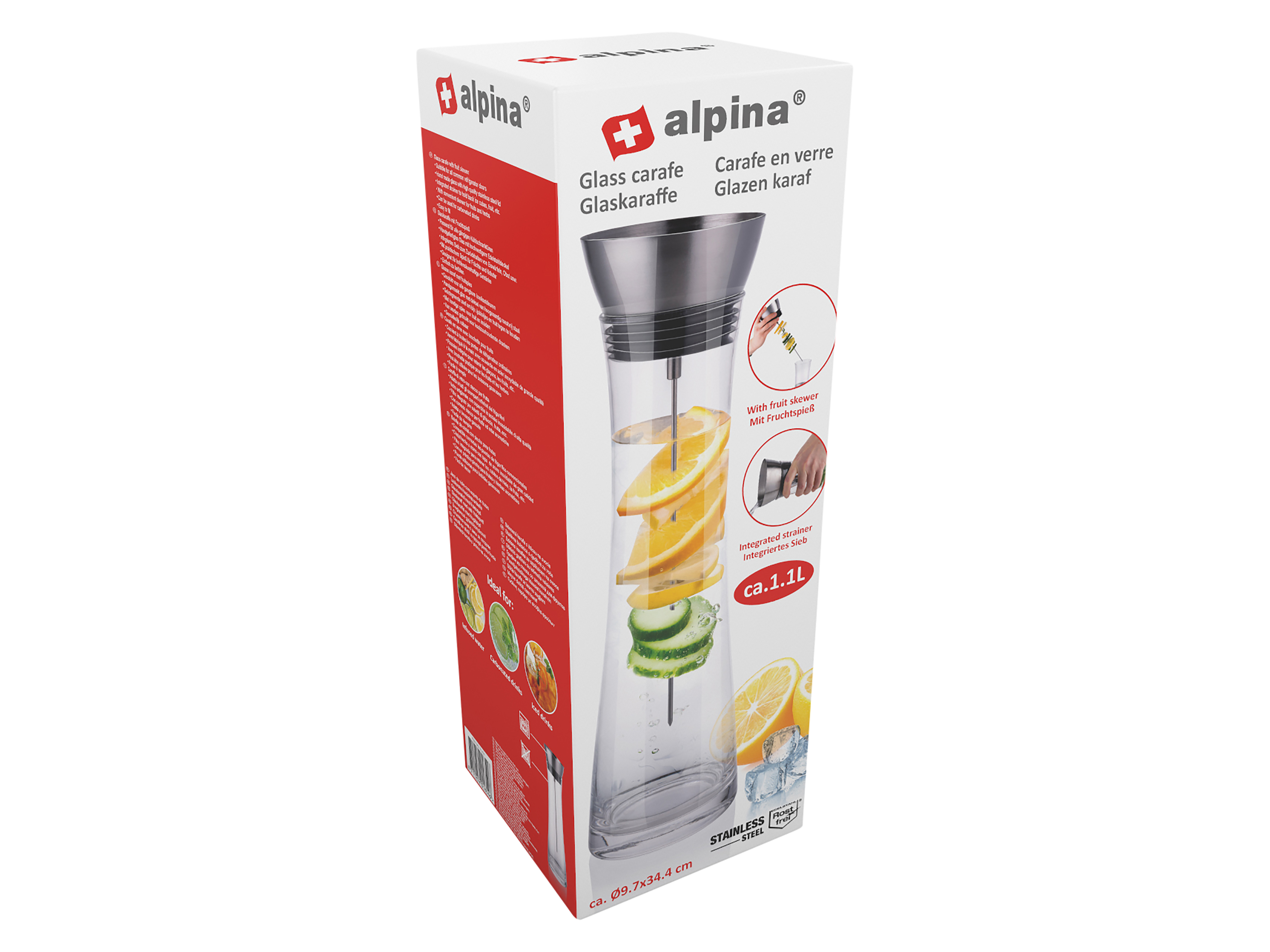 ALPINA Karaffe aus Glas, mit Spieß, 1.1L, Glas & Edelstahl, elegantes Design