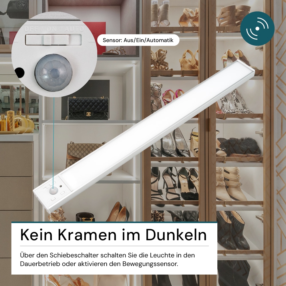 LUXULA LED-Schrankleuchte mit Bewegungsmelder, 4,07W, 1650lm, CCT, IP20, silber, 60cm