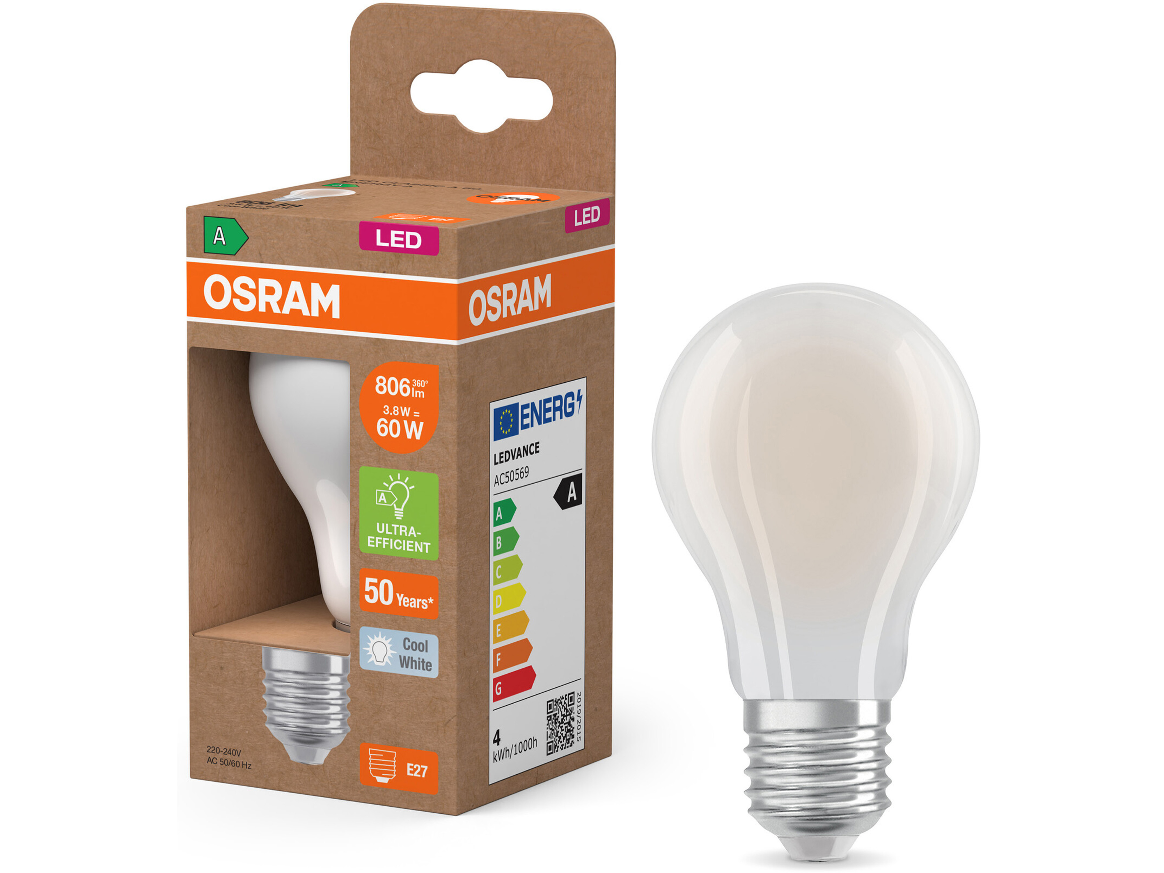 OSRAM LED-Lampe, Kolbenform, E27, 3,8 W, 4000 K, EEK: A, 806 lm, neutralweiß