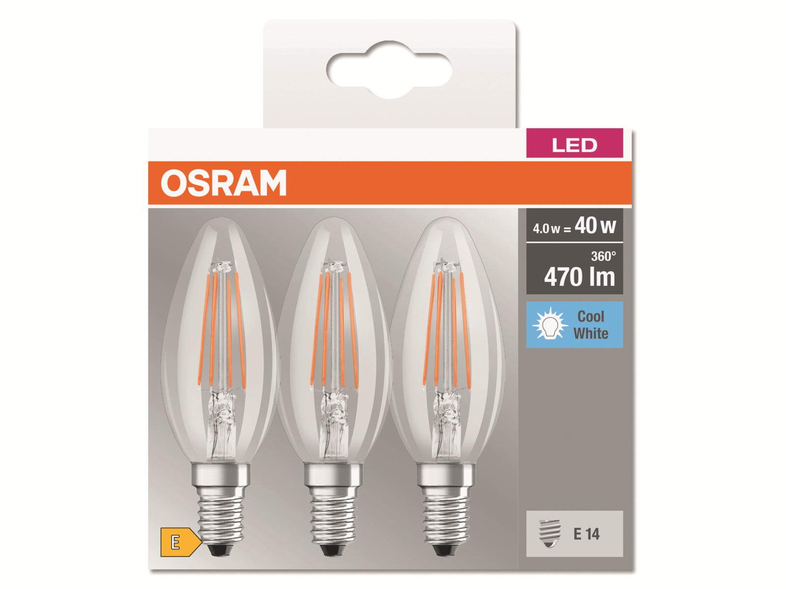 OSRAM LED-Lampe BASE CLASSIC, B40, E14, EEK: E, 4 W, 470 lm, 4000 K, 3 Stück