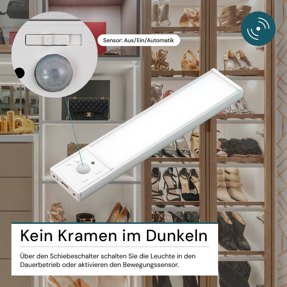 LUXULA LED-Schrankleuchte mit Bewegungsmelder, 2,2W, 450lm, CCT, IP20, dimmbar, silber, 20cm