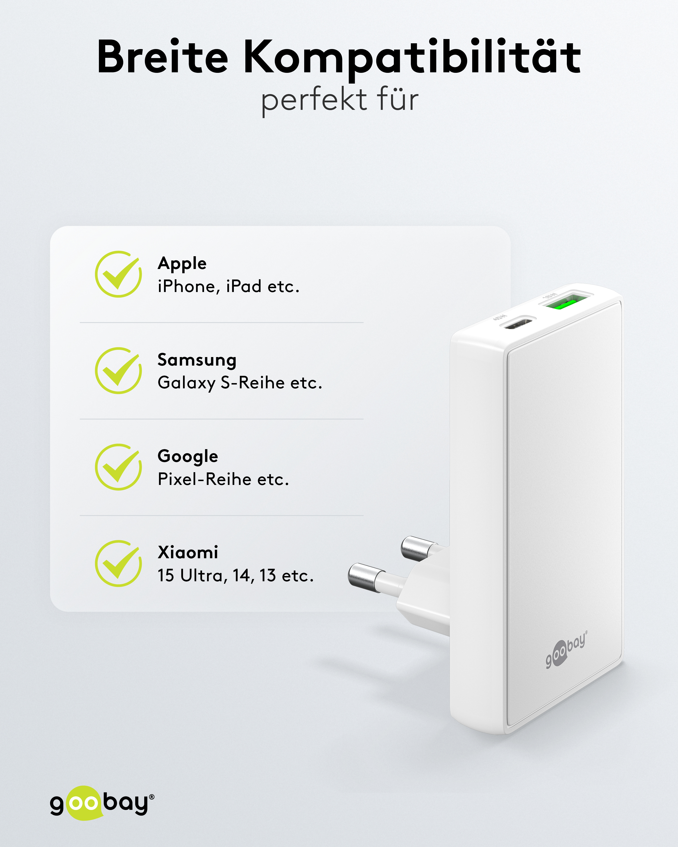 GOOBAY Dual-Schnellladegerät, 45W, 1x USB-C, 1x USB-A, 90° abgewickelt, flach, weiß