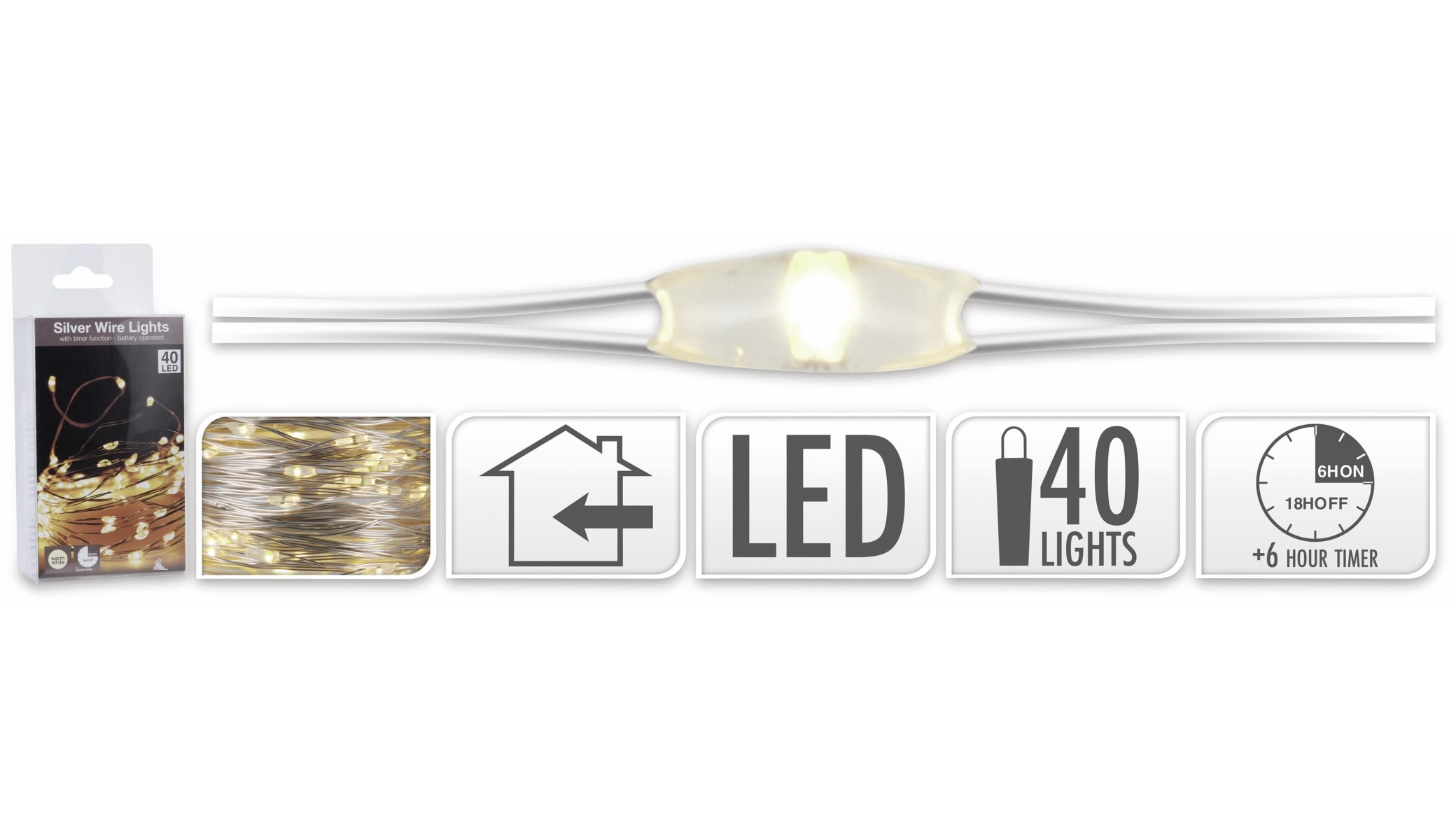LED-Lichterkette, Silberdraht, 40 LEDs, warmweiß, Batteriebetrieb, Timer