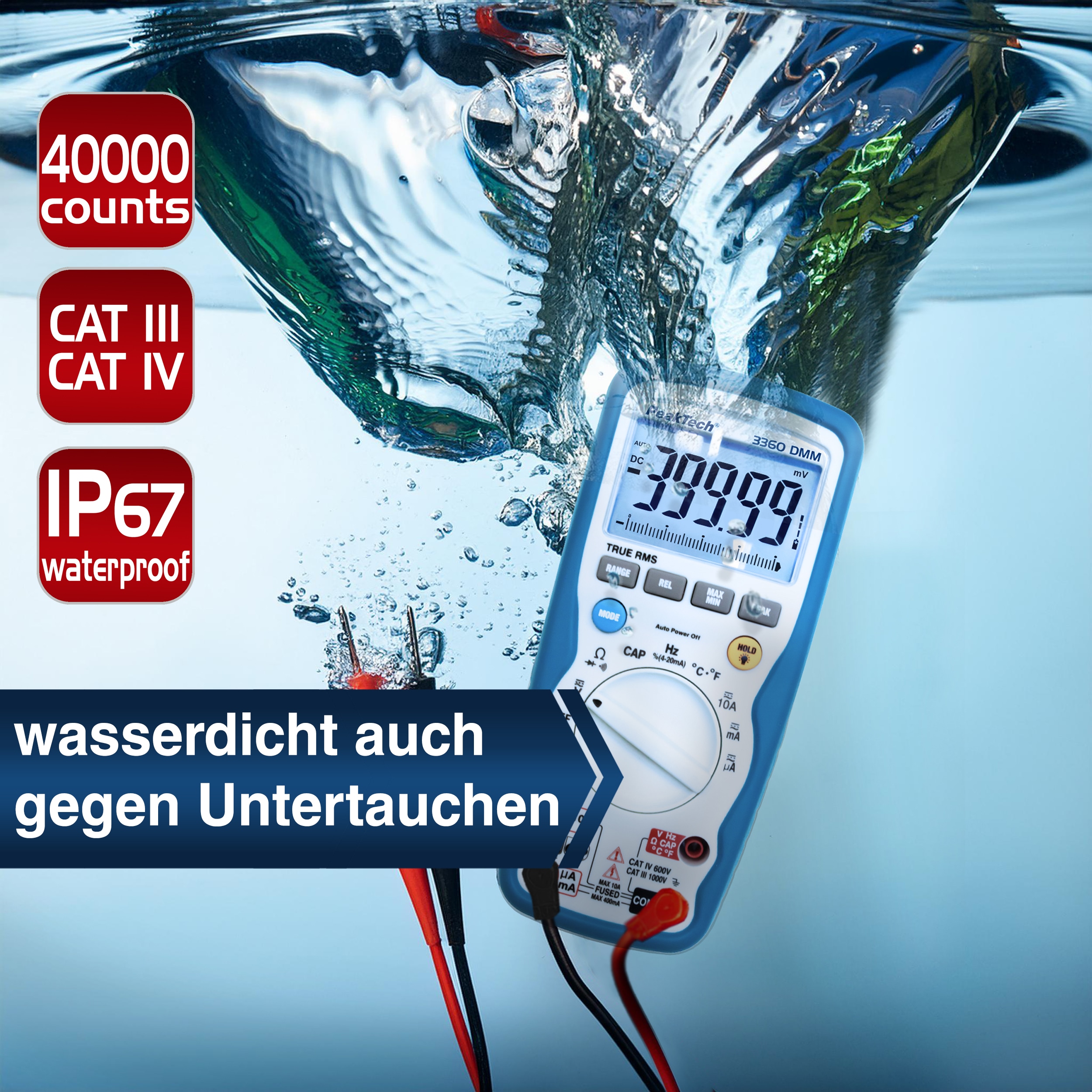 PEAKTECH Multimeter, P 3360, True RMS, IP67, 40000 Counts