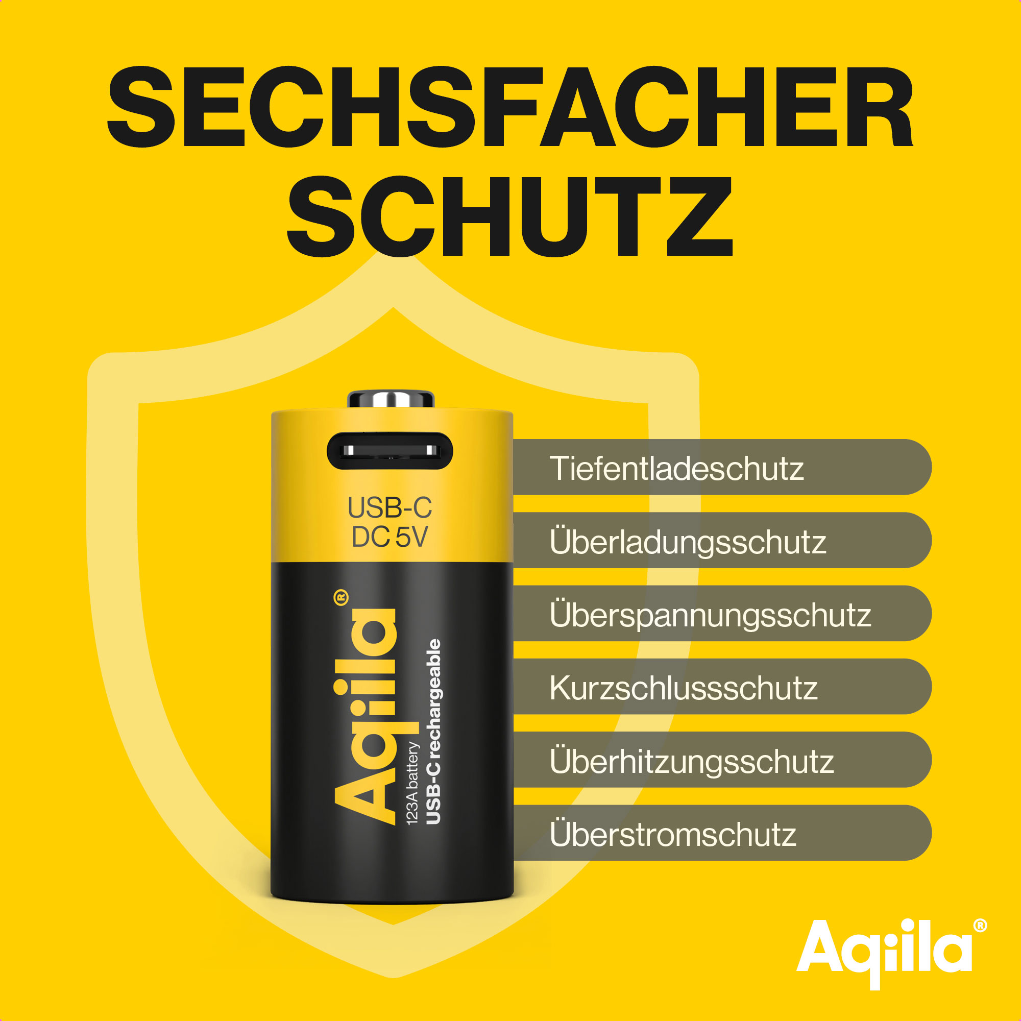 Li-lon-Akku AQILLA, CR123A, USB-C, 3 V, 2er Pack