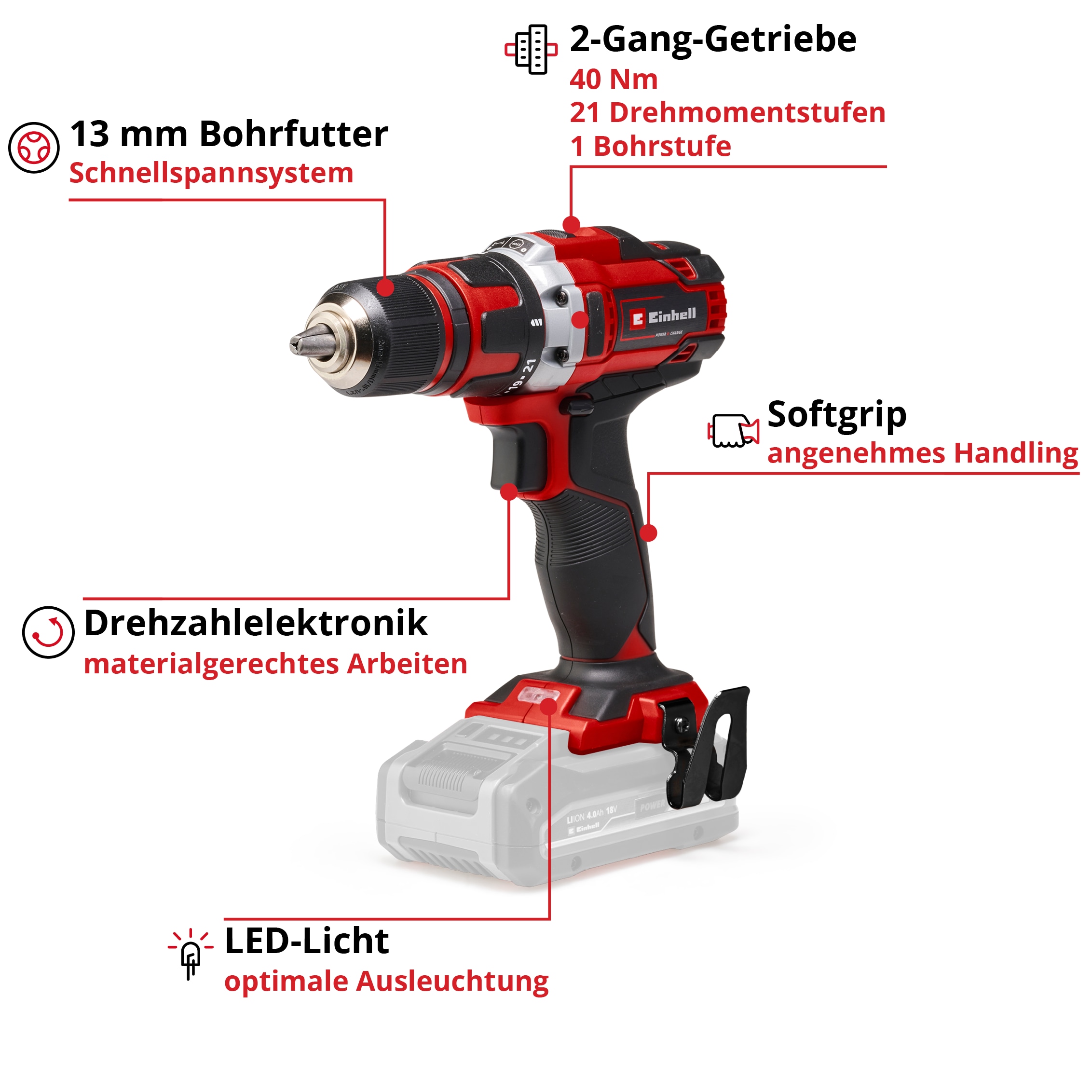EINHELL Akku-Bohrschrauber TE-CD 18/40 Li Solo + E-Box Koffer S-F