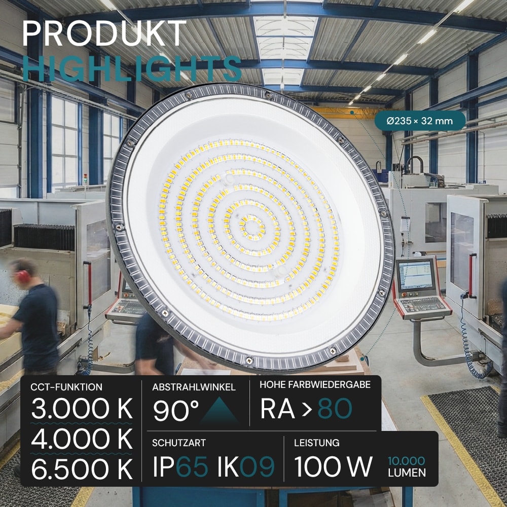LUXULA LED-Hallenleuchte LX500135, HighBay, UFO, 100W, 10000lm, CCT, IP65