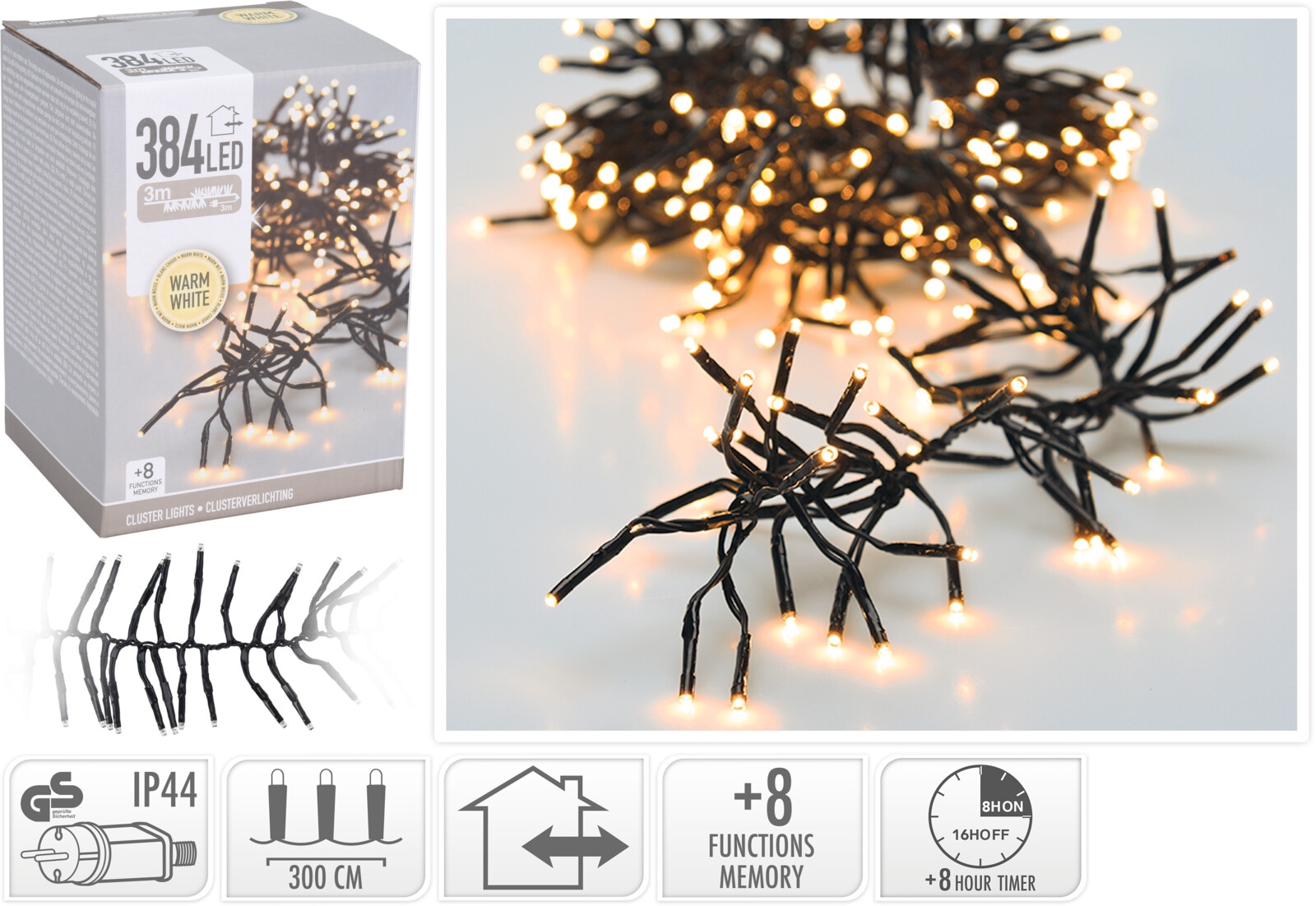 KOOPMAN LED-Clusterlichterkette Büschel warmweiß, 384 LEDs, sw Kabel, Innen/Außen, 6m