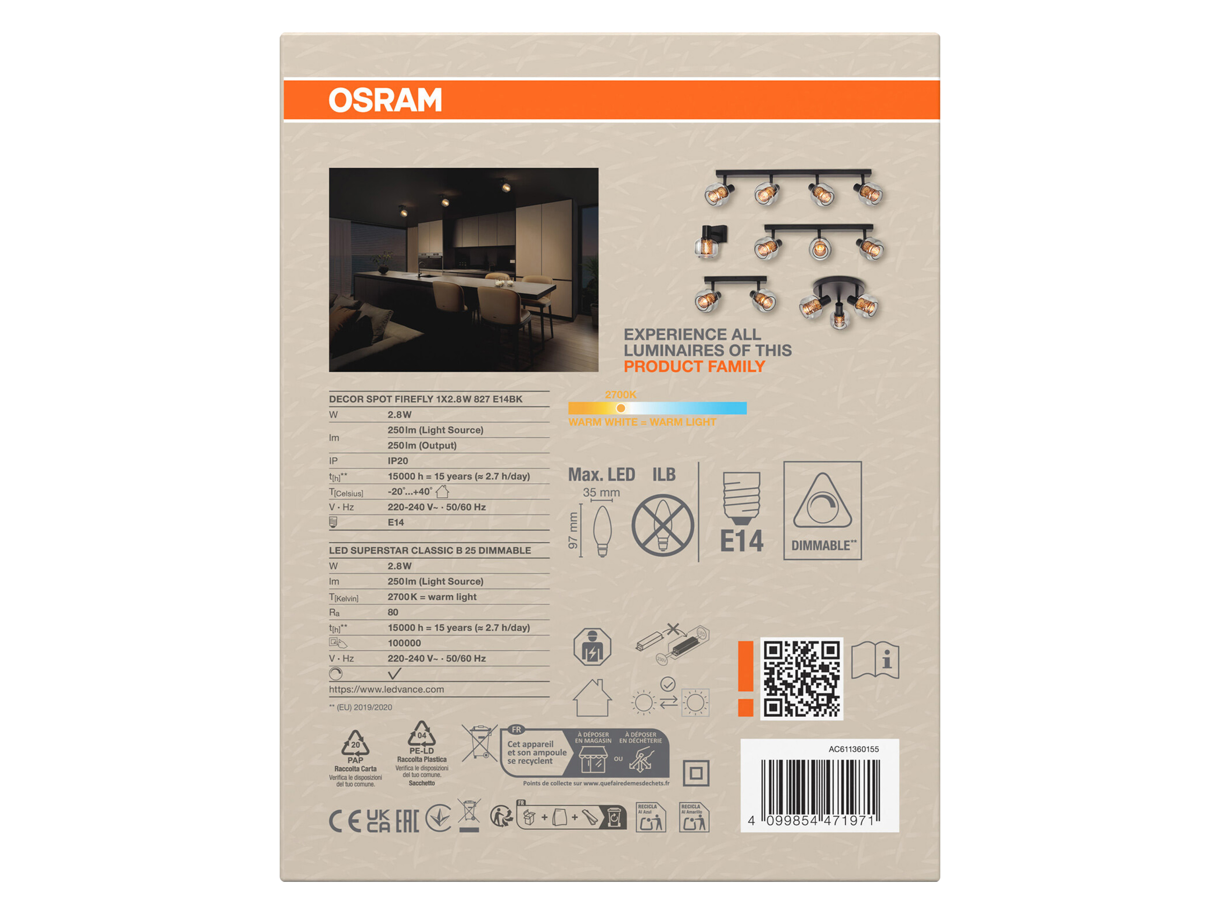 OSRAM Deckenanbau-Leuchte, E14, 2,8 W, 2700 K, 250 lm, IP20, goldenes Wabengitter, dimmbar