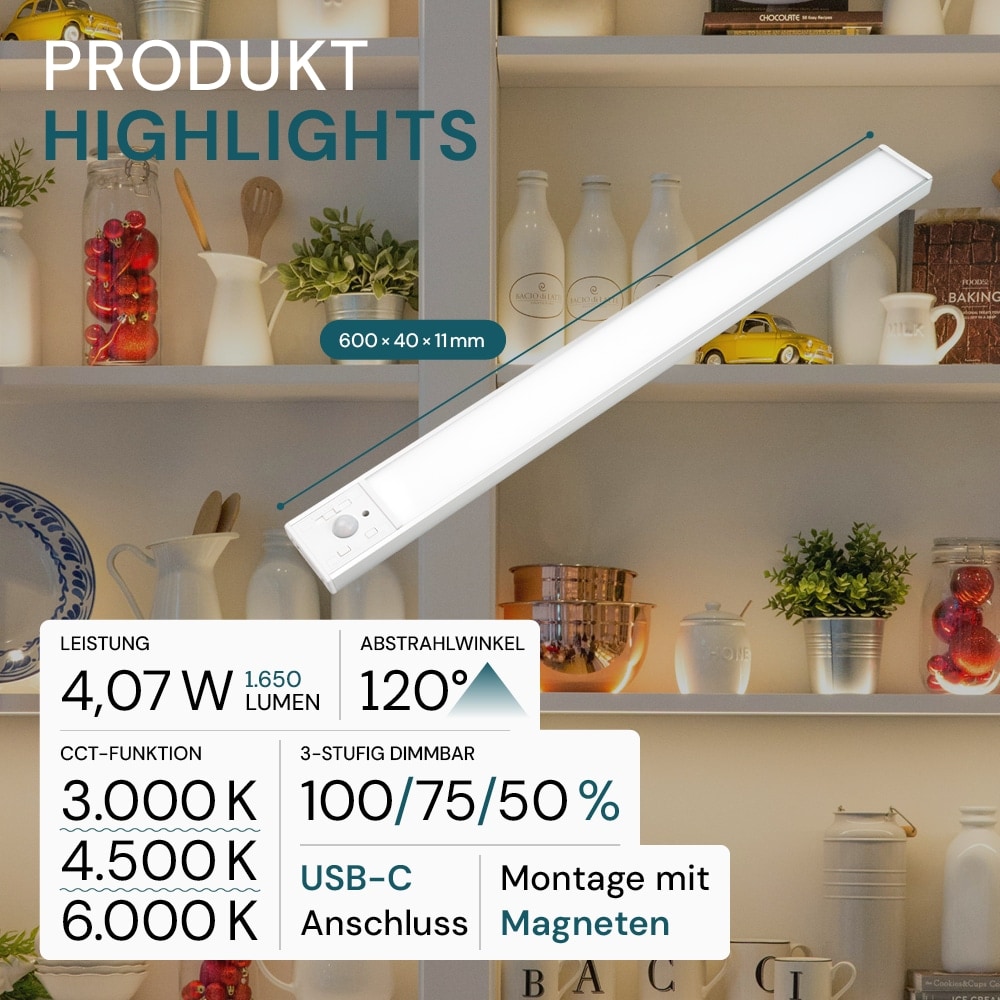 LUXULA LED-Schrankleuchte mit Bewegungsmelder, 4,07W, 140lm, CCT, IP20, silber, 60cm LUXULA LED-Schrankleuchte mit Bewegungsmelder, 4,07W, 1650lm, CCT, IP20, silber, 60cm