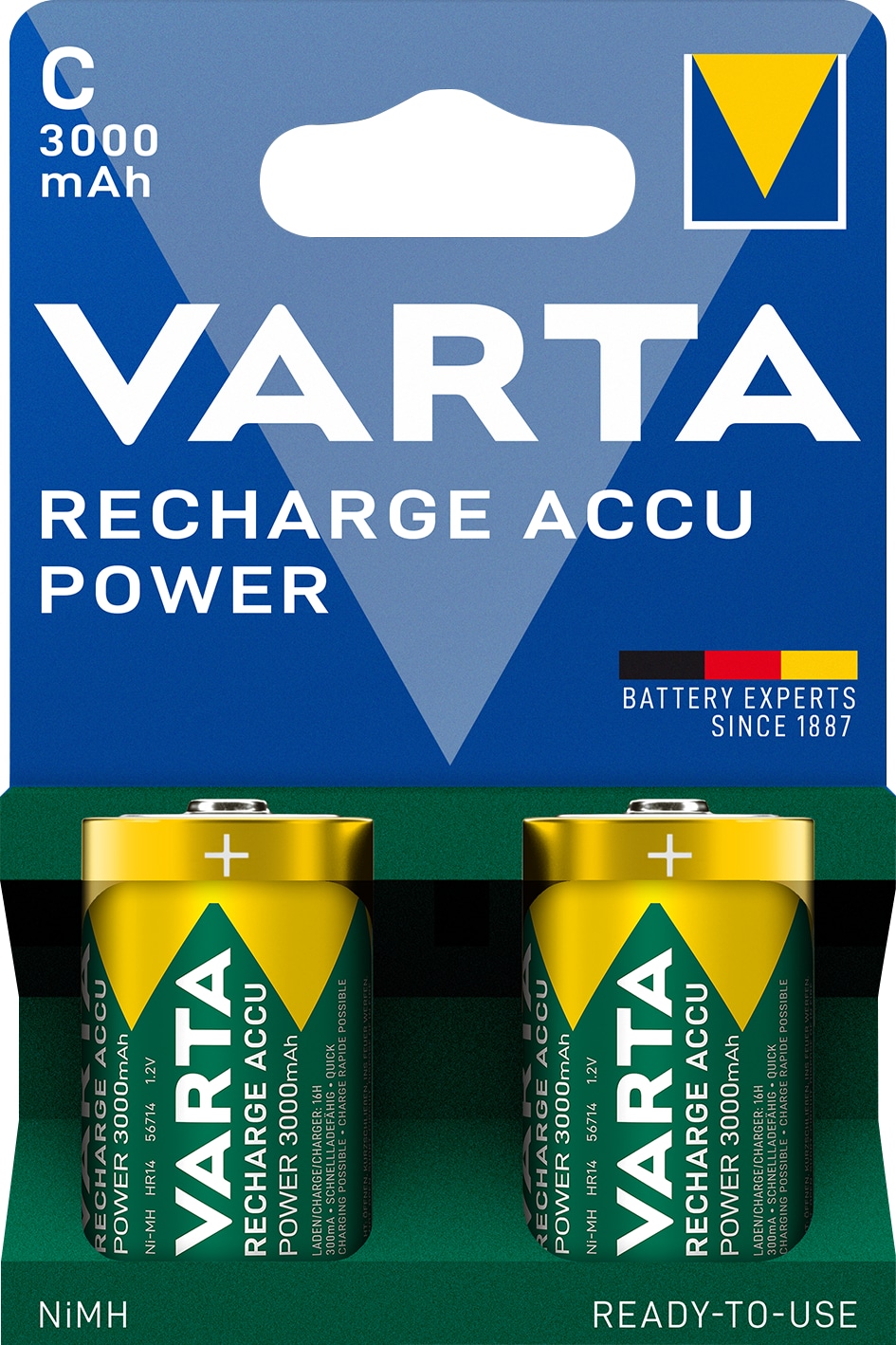 VARTA Akku NiMH, Baby, C, HR14, 1.2V, 3000mAh, Pre-charged, Retail Blister, 2 Stück