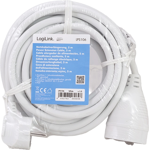 LOGILINK Netzkabelverlängerung LPS106 CEE7/7 (90°) zu CEE 7/3 5m weiß