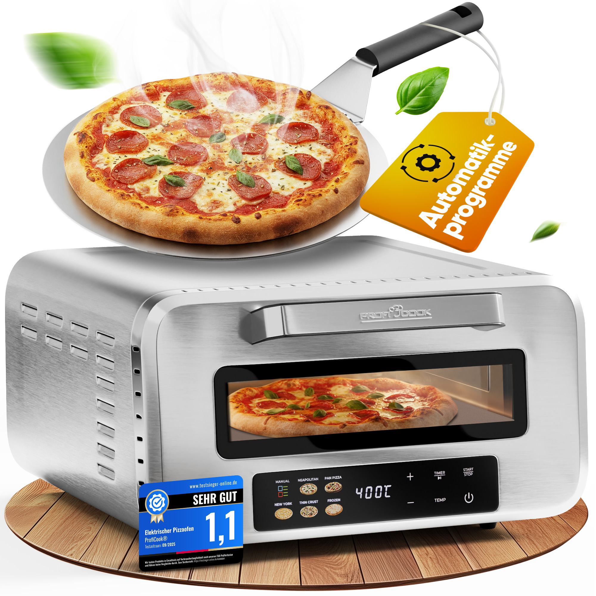 PROFICOOK Pizzaofen PC-PO 1323, inkl. Pizzastein & Pizzaheber, 400°C