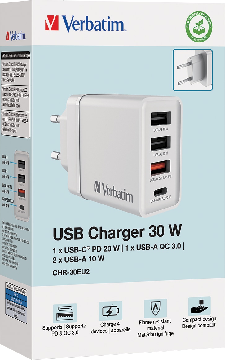 VERBATIM USB-Ladegerät 49701, 2x USB-A, 1x USB-A QC, 1x USB-C PD, weiß VERBATIM USB-Ladegerät 49701, 2x USB-A, 1x USB-A QC, 1x USB-C PD, weiß