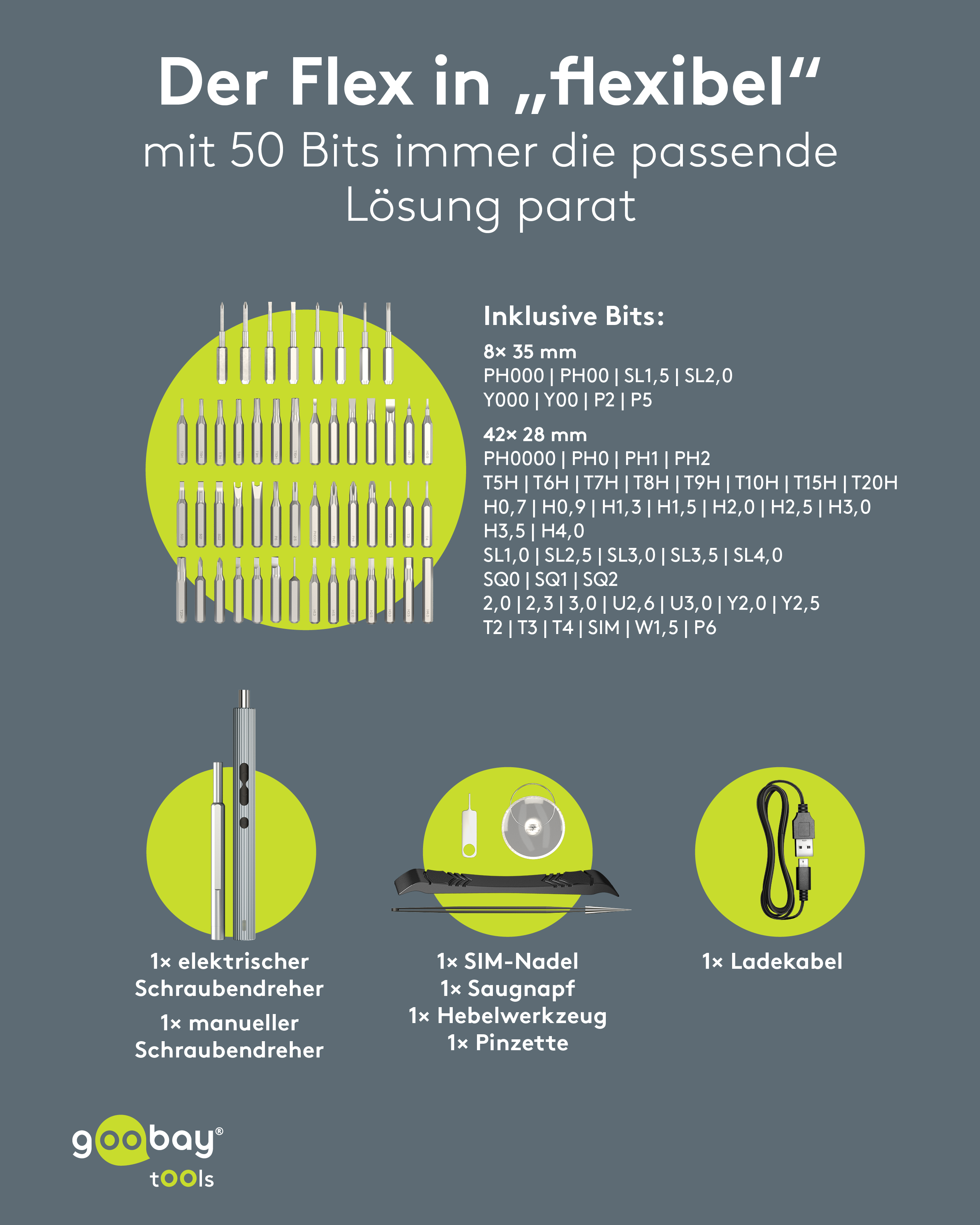GOOBAY TOOLS 58in1 Elektrischer Schraubendreher, 77839, mit 50-tlg. Präzisions-Bitsatz