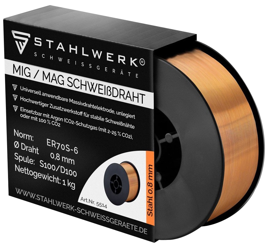 STAHLWERK MIG MAG Schweißdraht, 5512, ER70S-6, 0,8 mm, 1 kg STAHLWERK MIG MAG Schweißdraht, 5512, ER70S-6, 0,8 mm, 1 kg