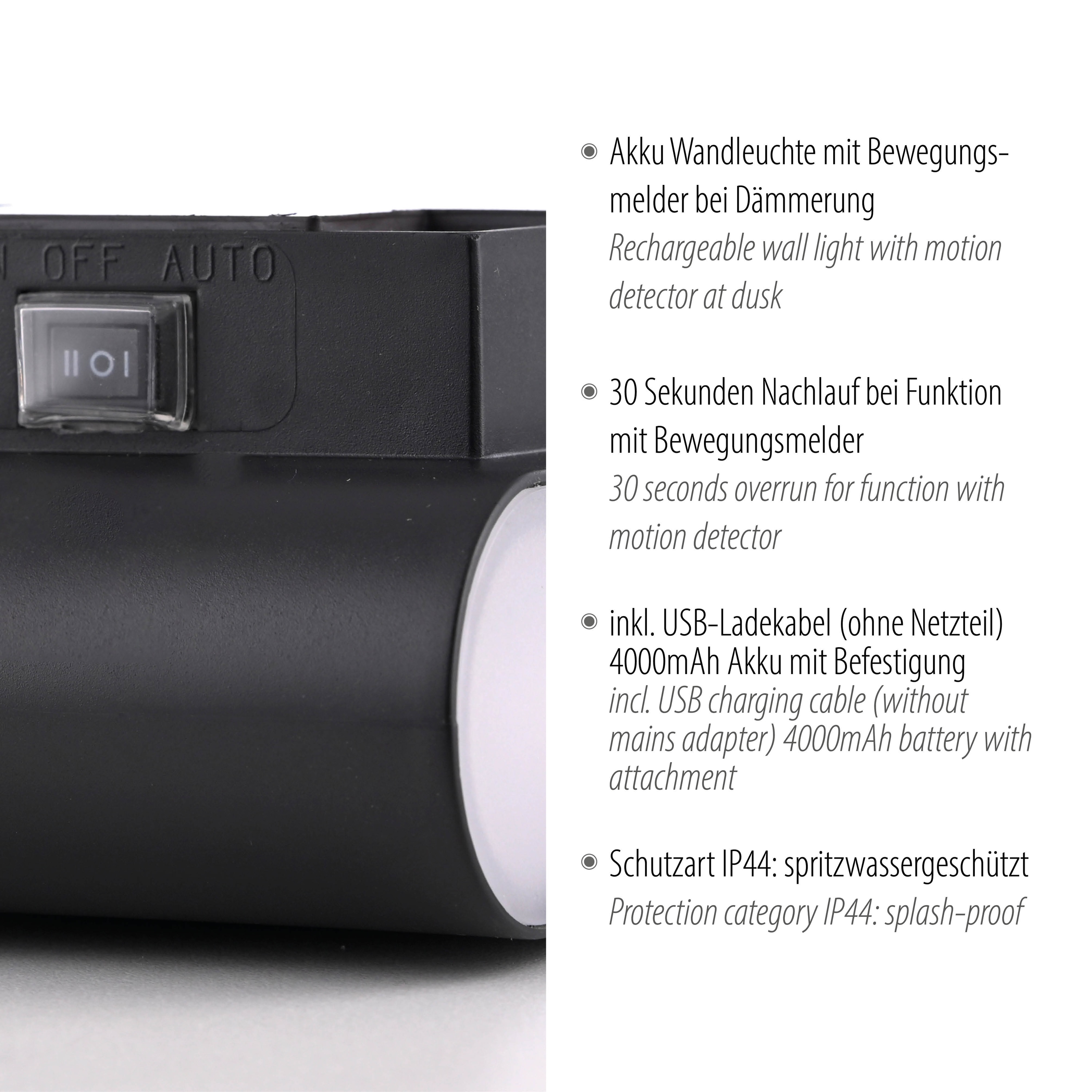 JUST LIGHT LED-Akku-Wandleuchte 19475-18, 3W, 3000K, 330lm, warmweiß, IP44, schwarz