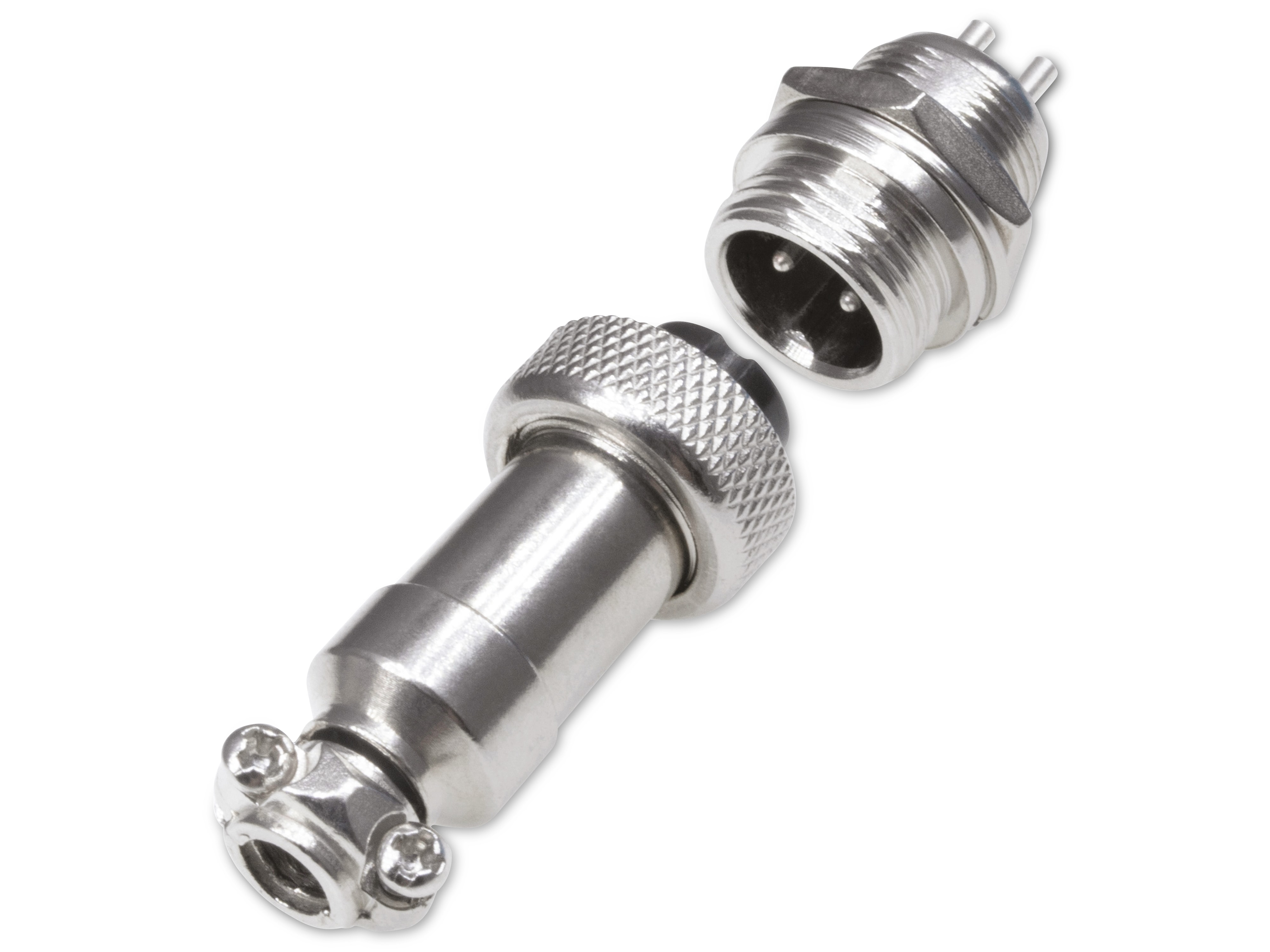 Rundsteckverbinder, 2-polig, 250V, 4A, Lötanschluss, IP55, wire to panel, 1 Stecker + 1 Buchse