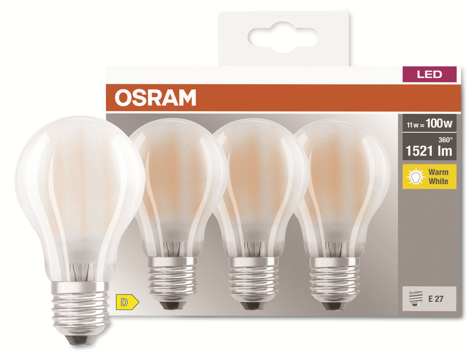 OSRAM LED-Filament-Lampe, CLA100, matt, E27, EEK: D, 11W, 1521lm, 2700K, 3 Stk