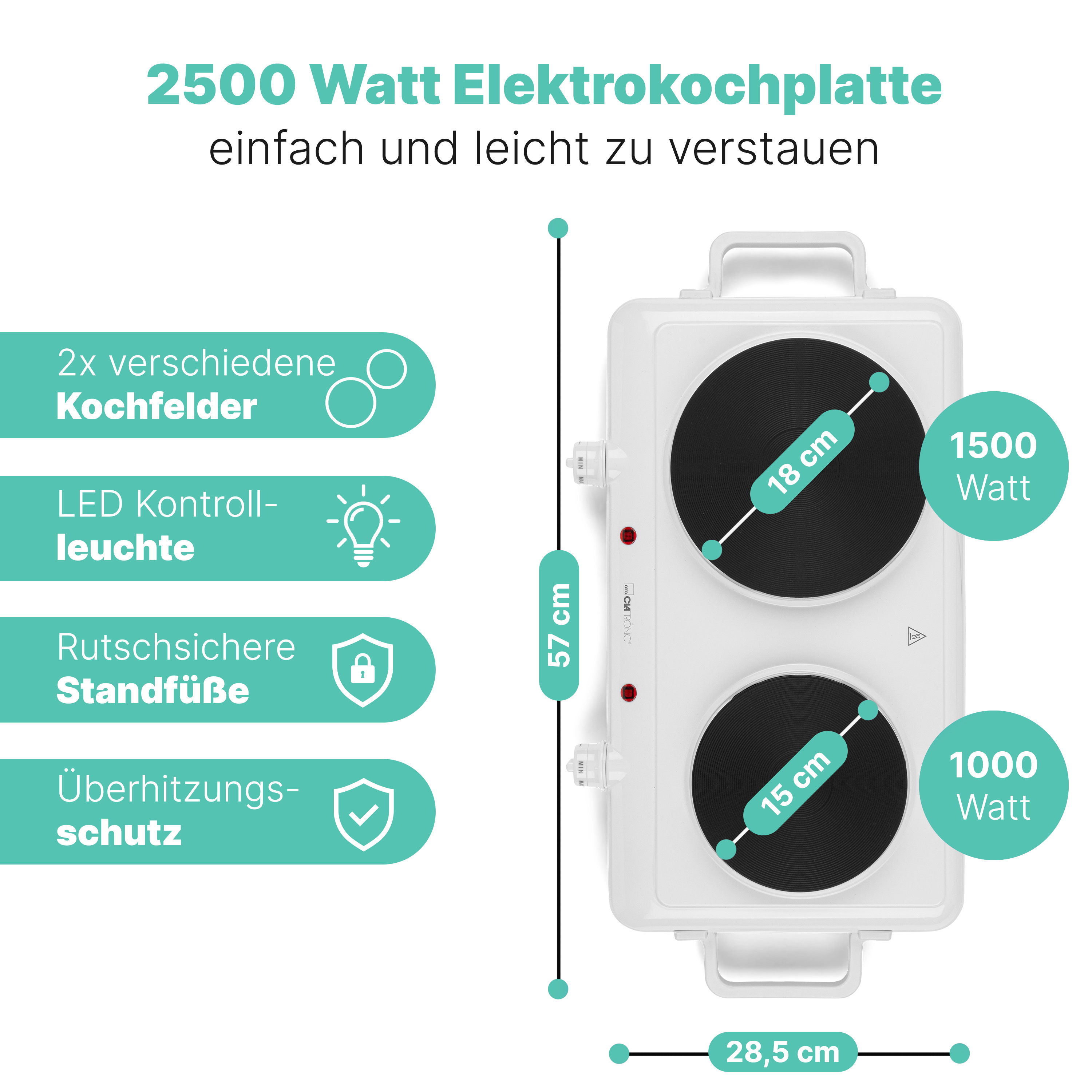 CLATRONIC Doppelkochplatte DKP 3583, 1x Ø180mm, 1500W, 1x Ø150mm, 1000W, weiß