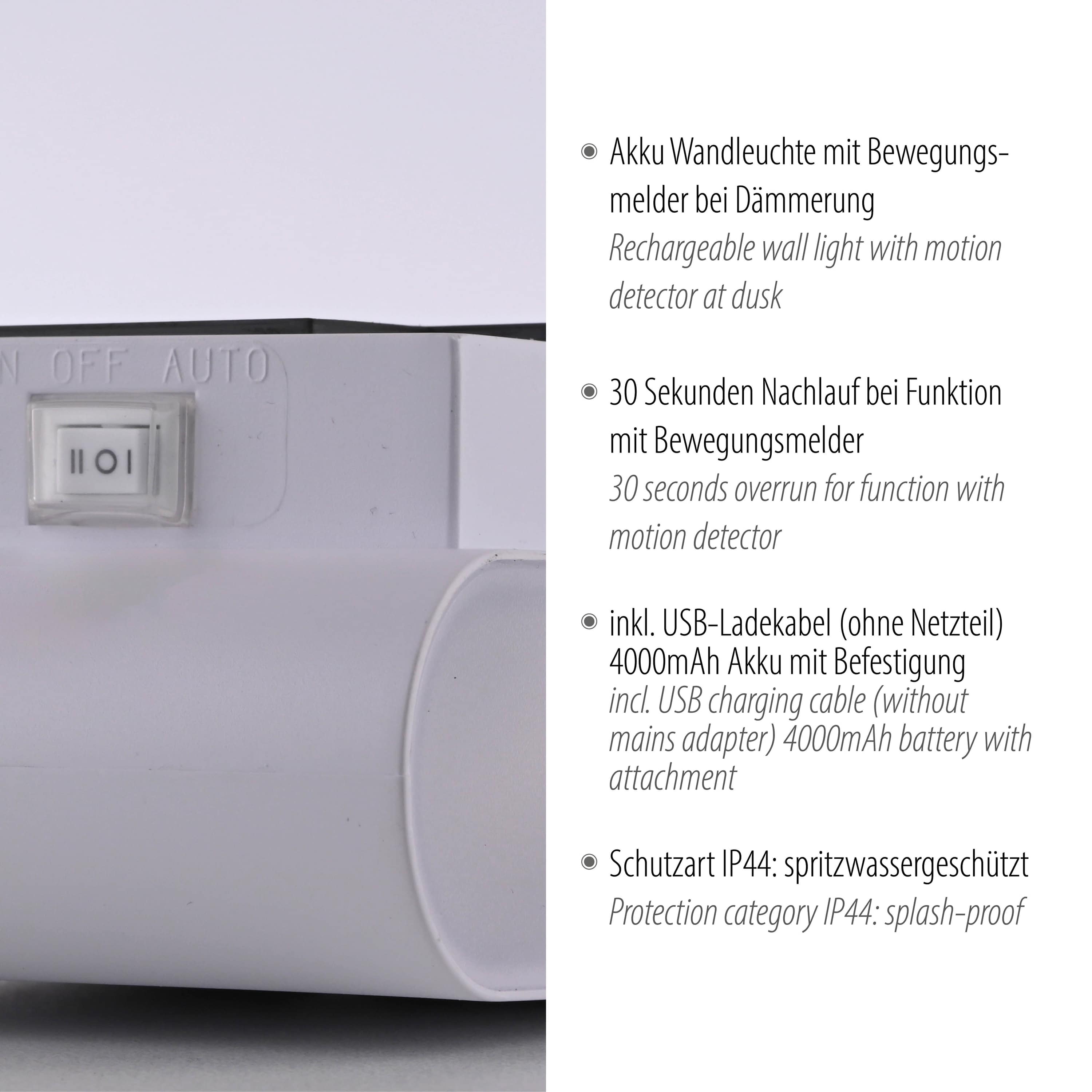 JUST LIGHT LED-Akku-Wandleuchte 19475-16, 3W, 3000K, 300lm, warmweiß, IP44, weiß