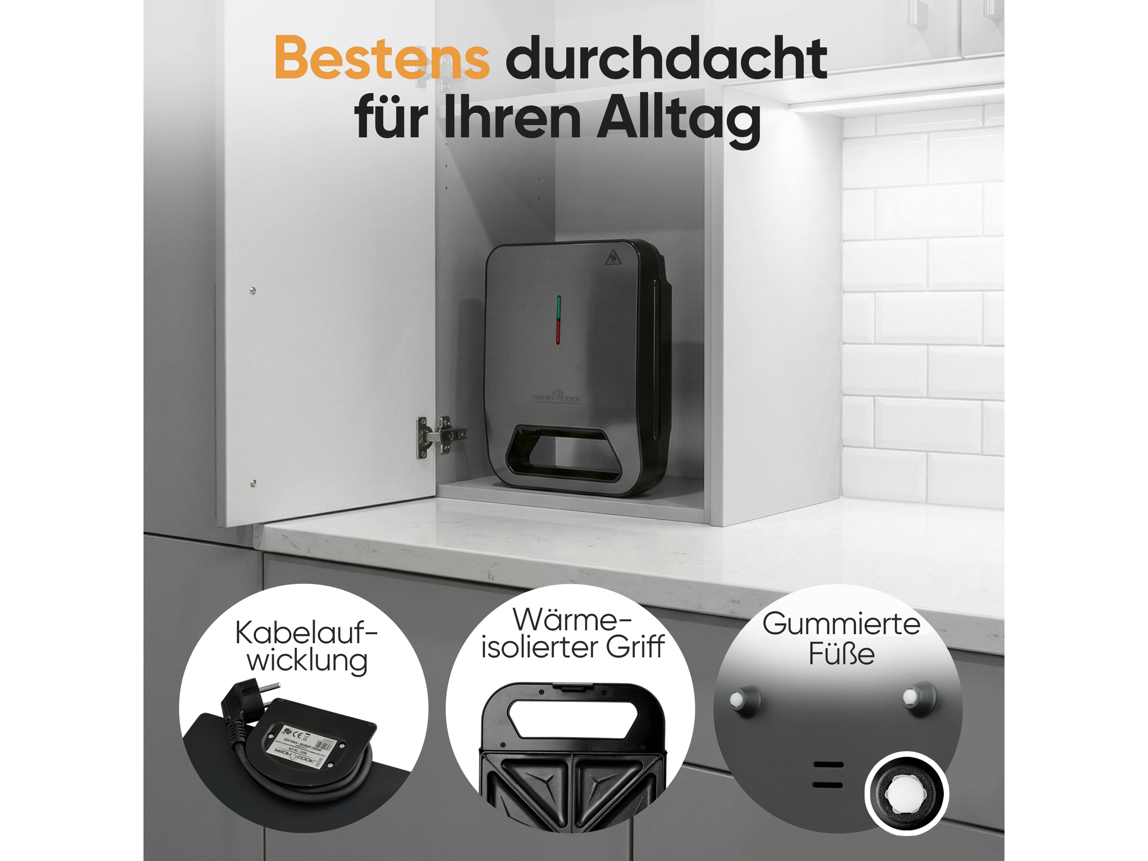 PROFICOOK Sandwichmaker PC-ST 1329, 4 Sandwiches, antihaftbeschichtet, 1600W