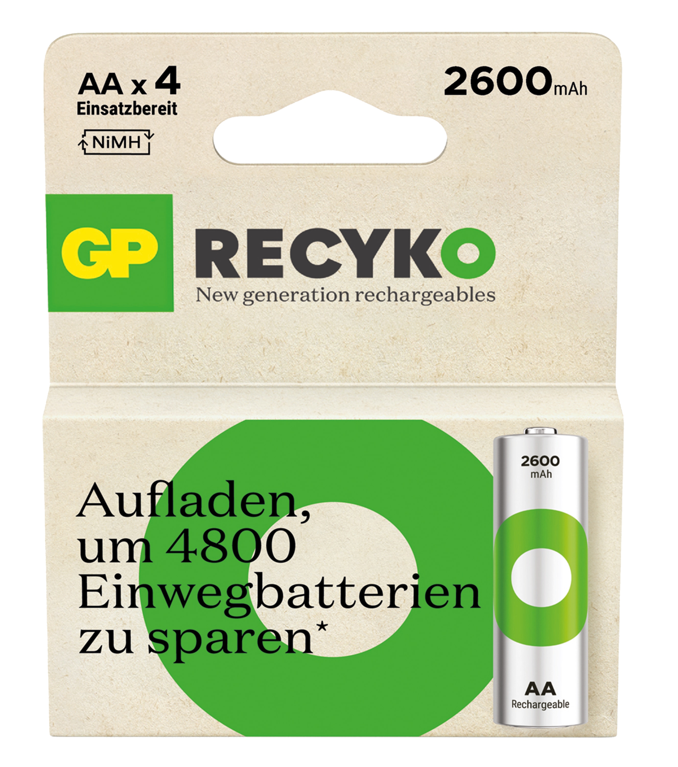 GP ReCyKO NiMH Akku Mignon, AA, HR06 1,2V/2600mAh, 4 Stück