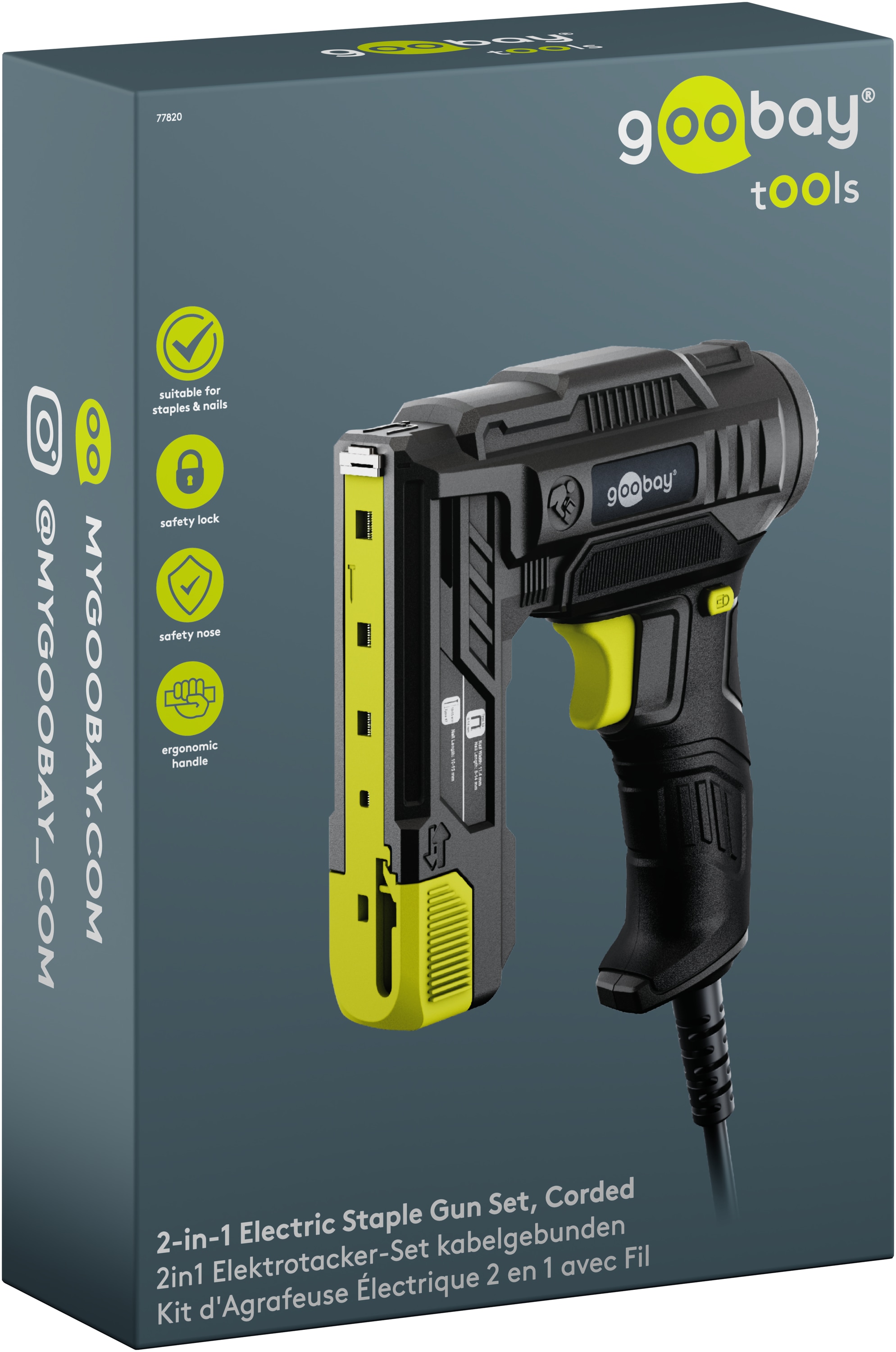 GOOBAY TOOLS 2in1 Elektrotacker-Set, 77820, mit 400 Tackernadeln und 100 Nägeln
