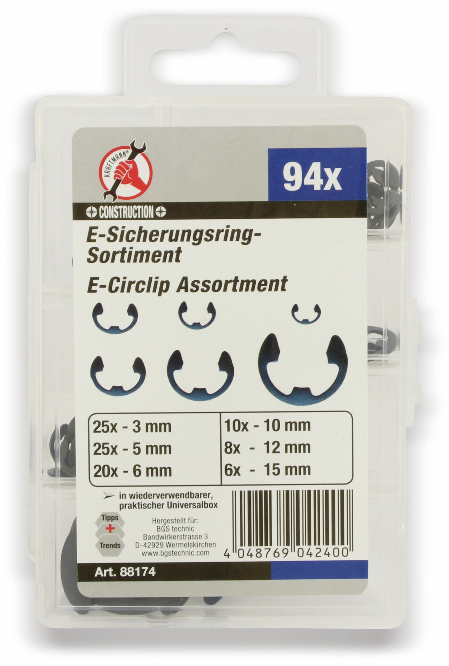 BGS TECHNIC E-Sicherungsring-Sortiment, 94 Stück