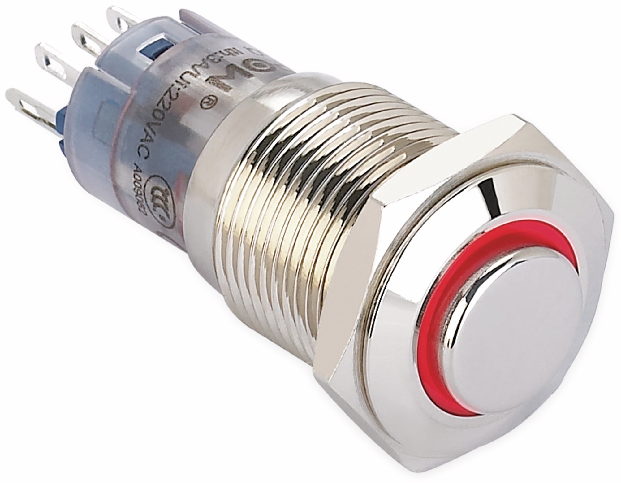 ONPOW Schalter, 24 V/DC, 1x Off/On, Beleuchtung rot, Lötanschluss, erhaben rund, Messing, 16 mm