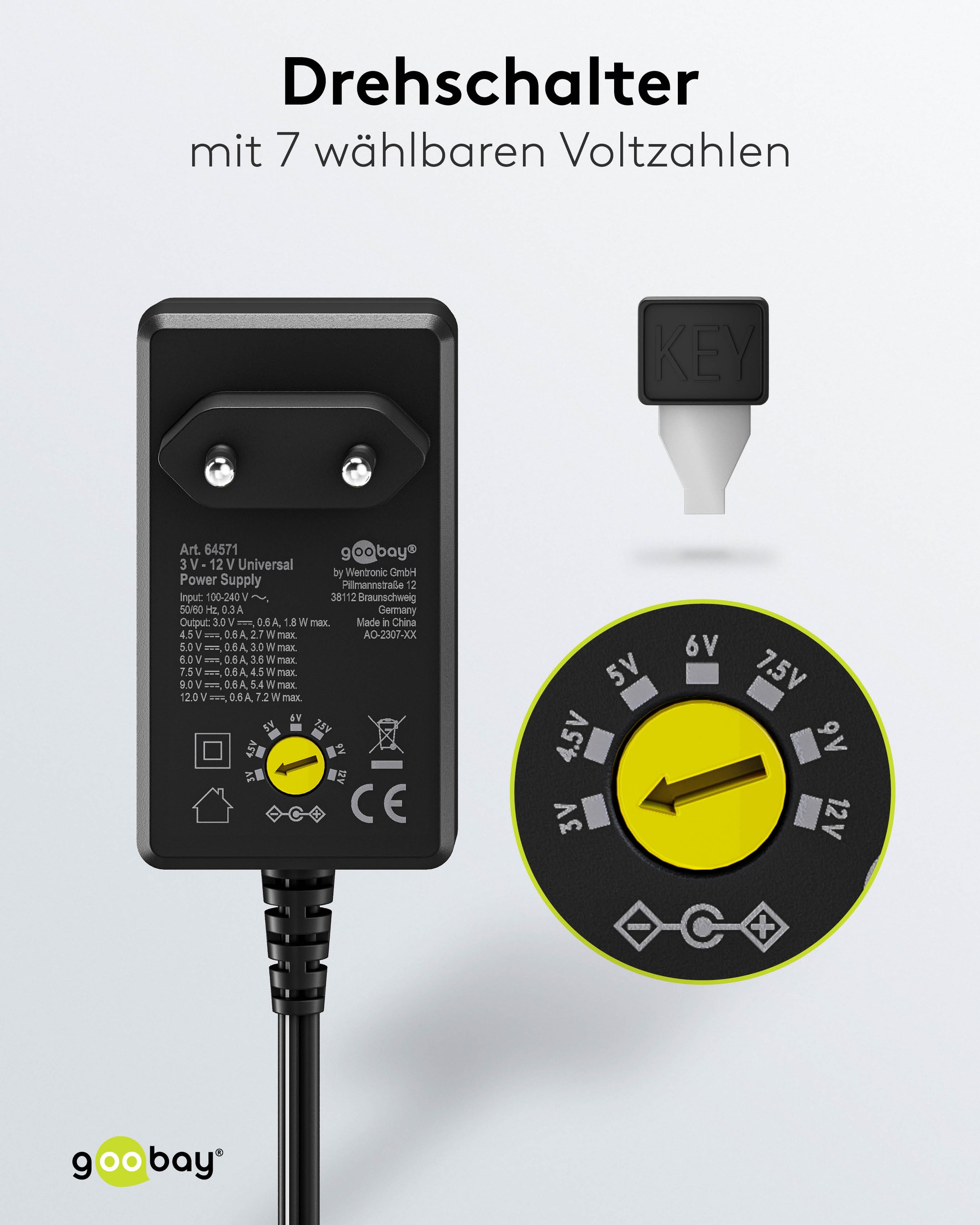 GOOBAY Universal-Netzteil 64571, 3...12 V-/7,2 W, 11-Adapter, inkl. USB-Adapter