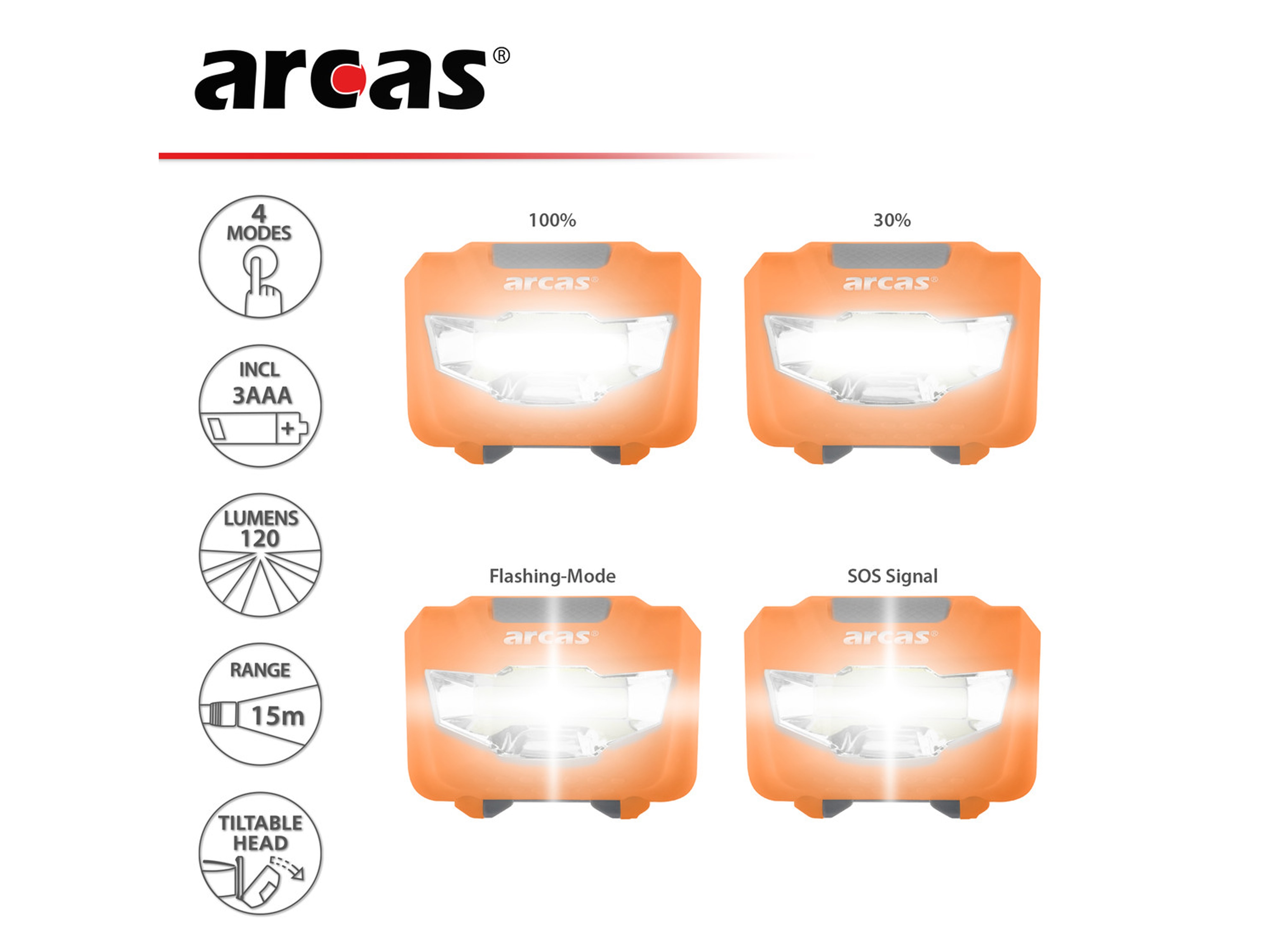 ARCAS LED-Stirnlampe, COB, 3 W, 120 lm, 4 Funktionen, inkl. Batterien