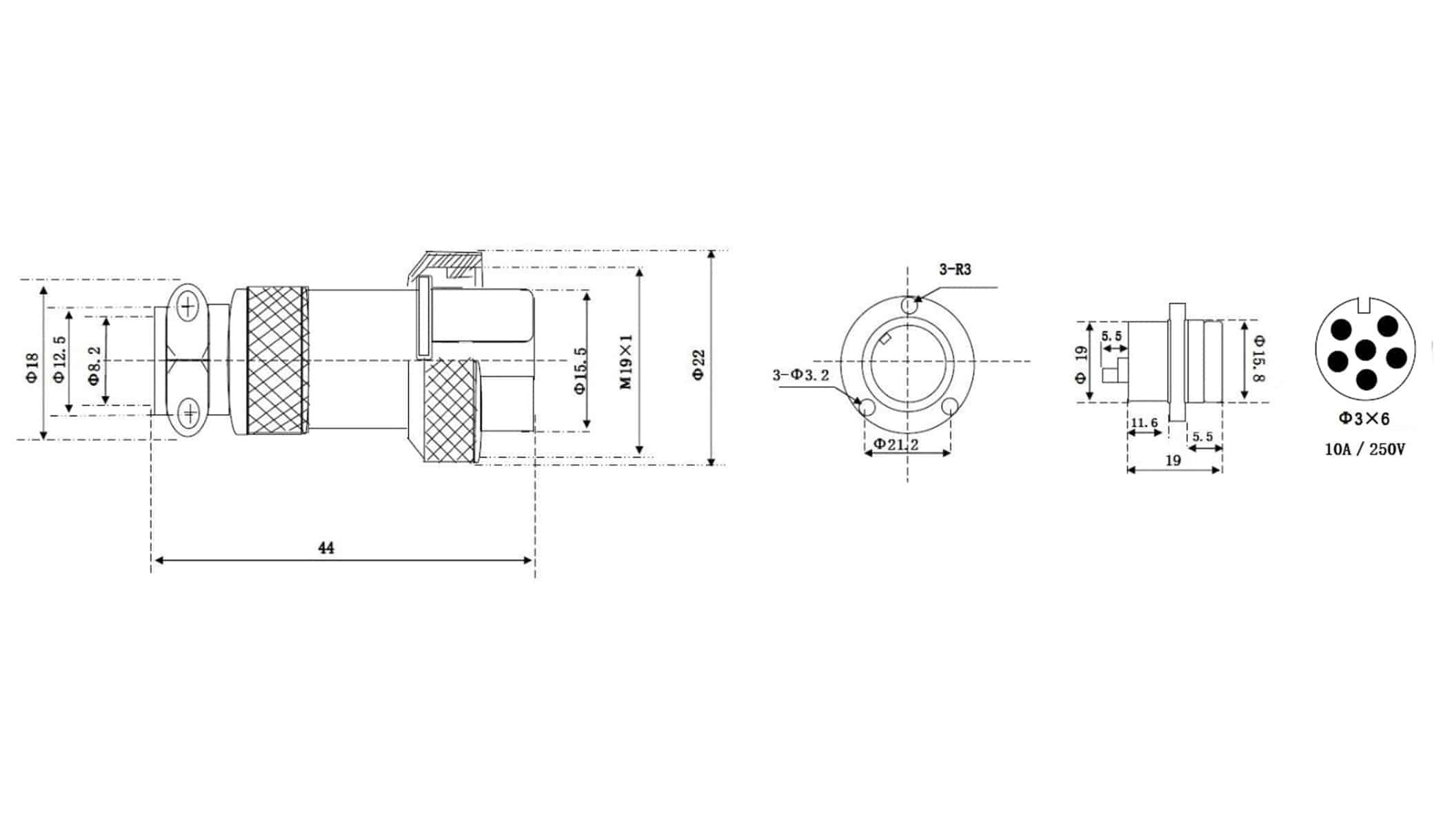 Hochstrom Einbaustecker-Set, 6-polig, Ø 19 mm, mit Abdeckkappe Hochstrom Einbaustecker-Set, 6-polig, Ø 19 mm, mit Abdeckkappe