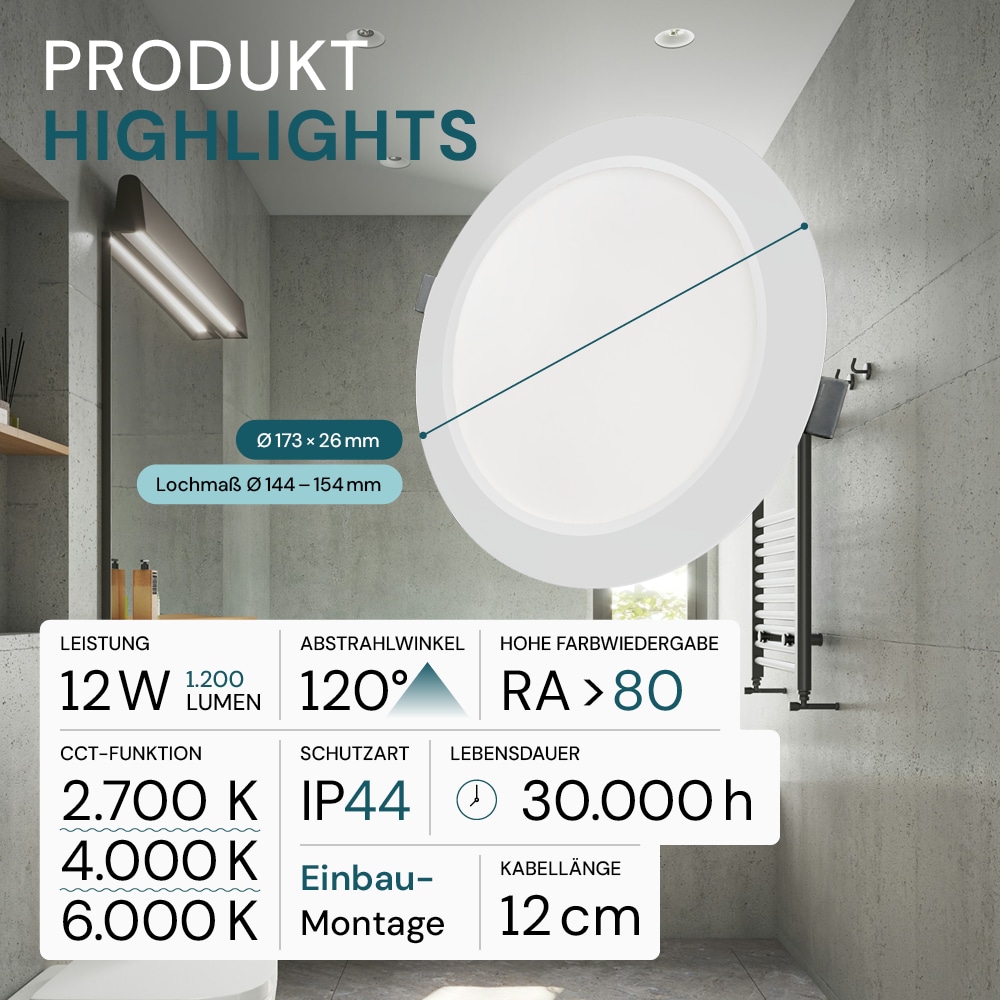 LUXULA LED-Einbauleuchte, 12W, EEK: F, 1200lm, CCT, IP44, weiß