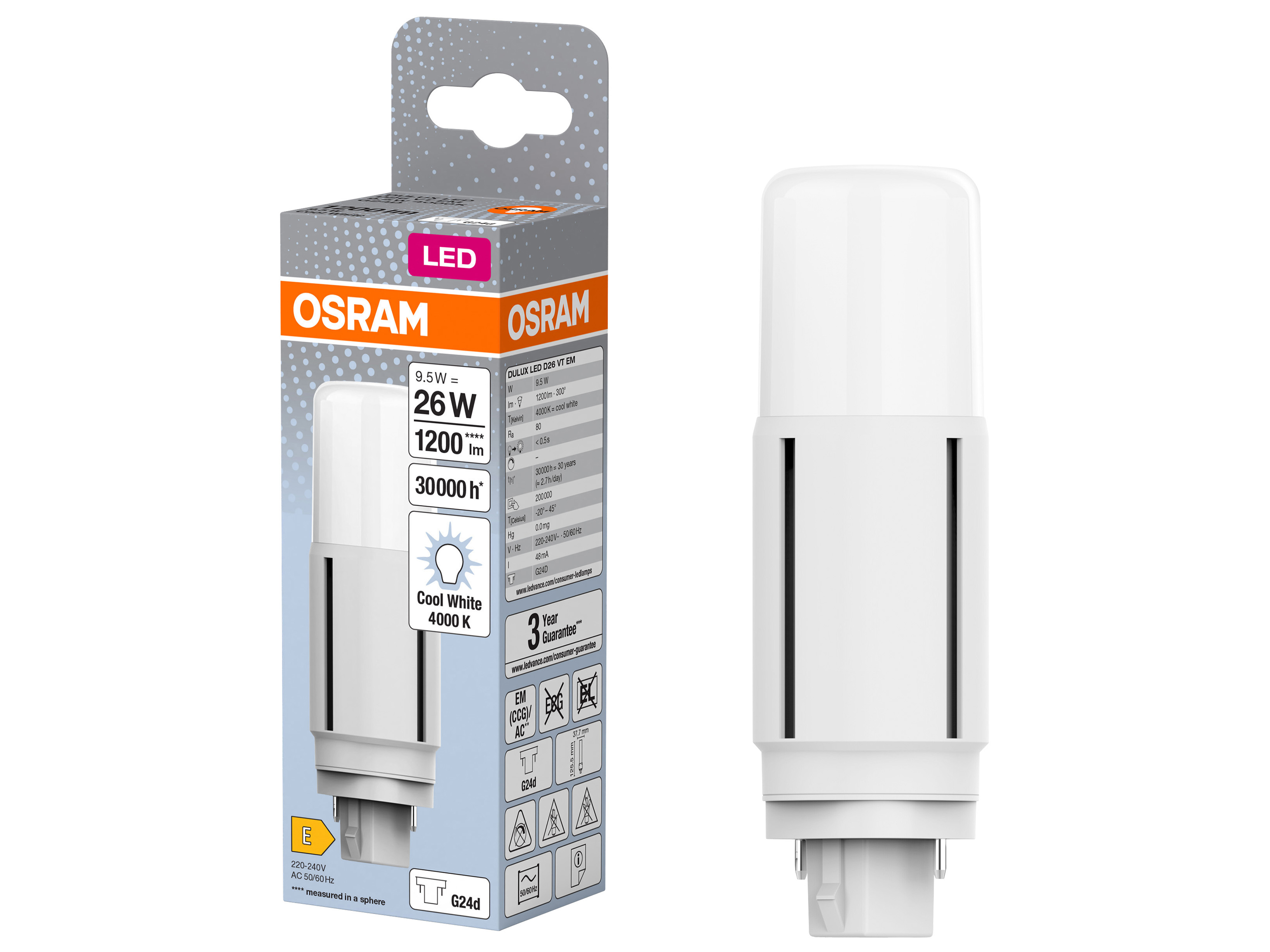 OSRAM LED-Lampe, Dulux D26, G24d, EEK: E, 9,5W, 1200lm, 4000K