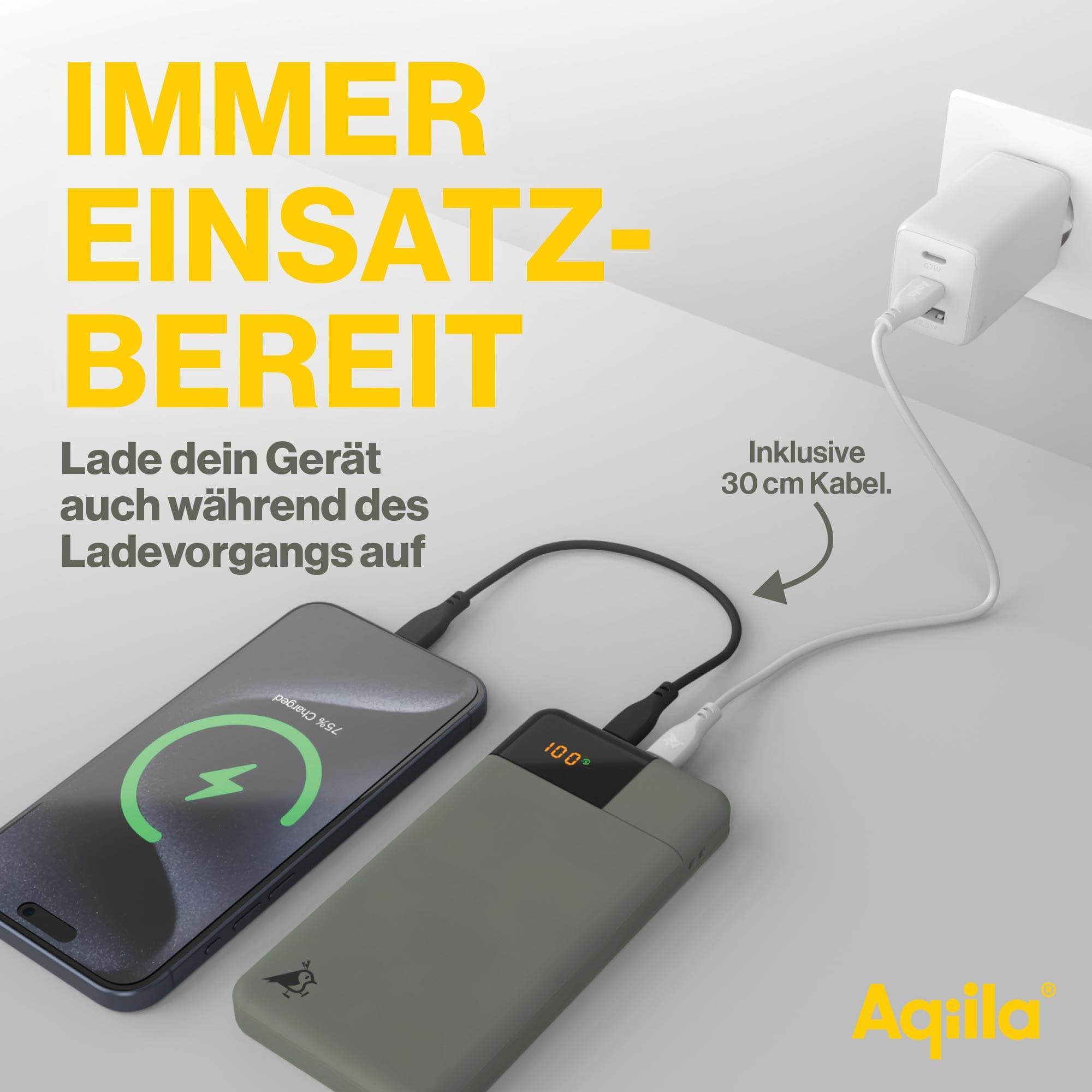 AQIILA Powerbank Powerbird B10, 20 W, 10.000mAh, 1x USB-A, 2x USB-C, moosgrün AQIILA Powerbank Powerbird B10, 20 W, 10.000mAh, 1x USB-A, 2x USB-C, moosgrün