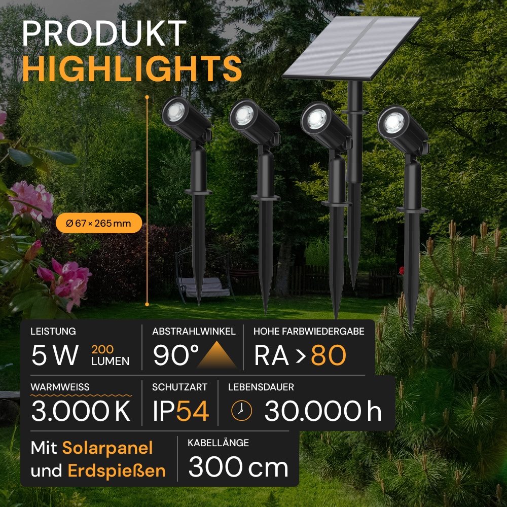LUXULA Solar LED-Gartenleuchten Set, 5W, 3000K, 200lm, warmweiß, IP54, schwarz, 4 Stück