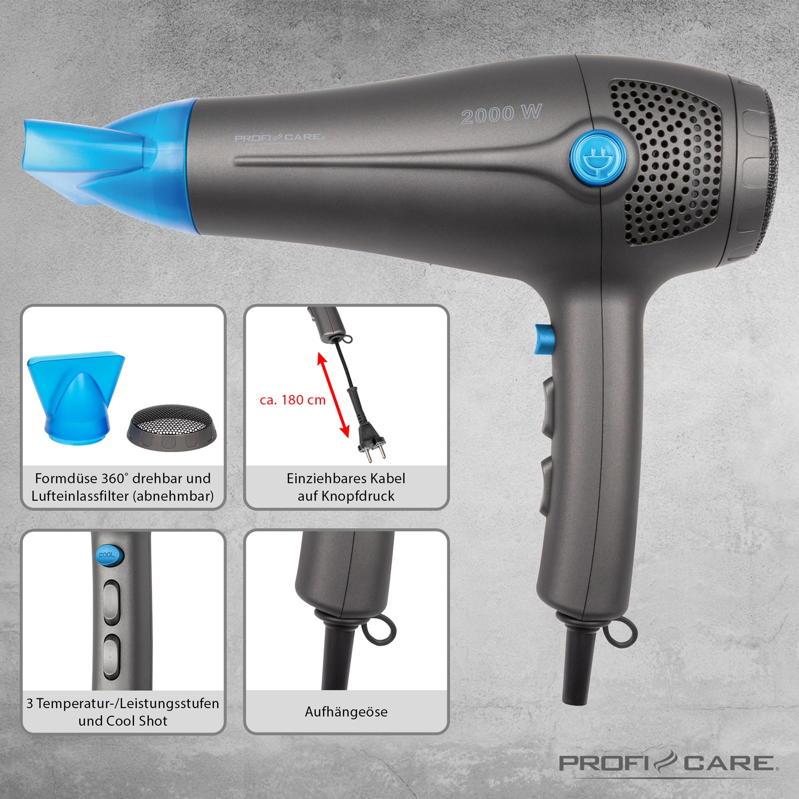 PROFI CARE Haartrockner PC-HT 3020, 2000 W, Ionic