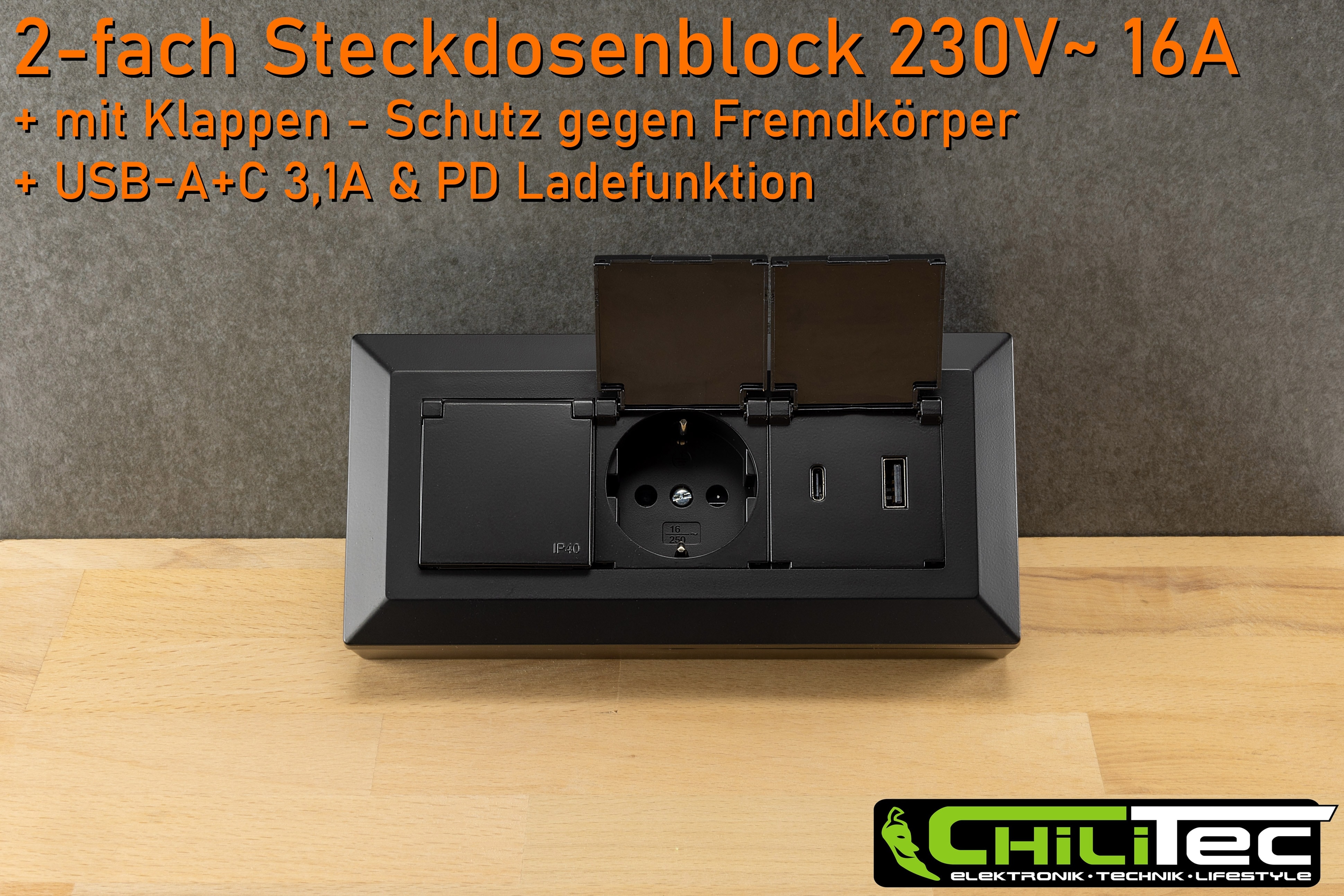 CHILITEC Steckdosenblock 23953, 2-fach, mit Schutzklappen, USB-A+C, schwarz CHILITEC Steckdosenblock 23953, 2-fach, mit Schutzklappen, USB-A+C, schwarz