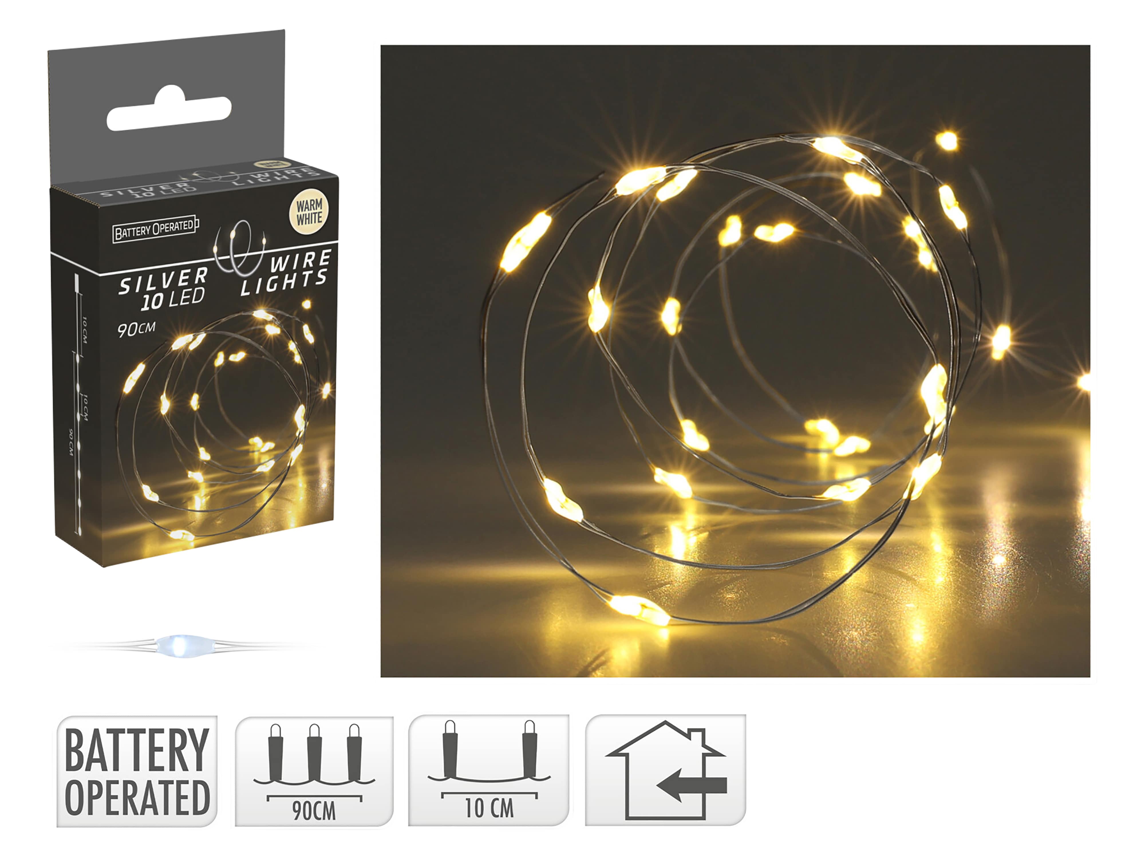 LED-Lichterkette, Silberdraht, 10 LEDs, warmweiß, Batteriebetrieb, inkl. Batterien LED-Lichterkette, Silberdraht, 10 LEDs, warmweiß, Batteriebetrieb